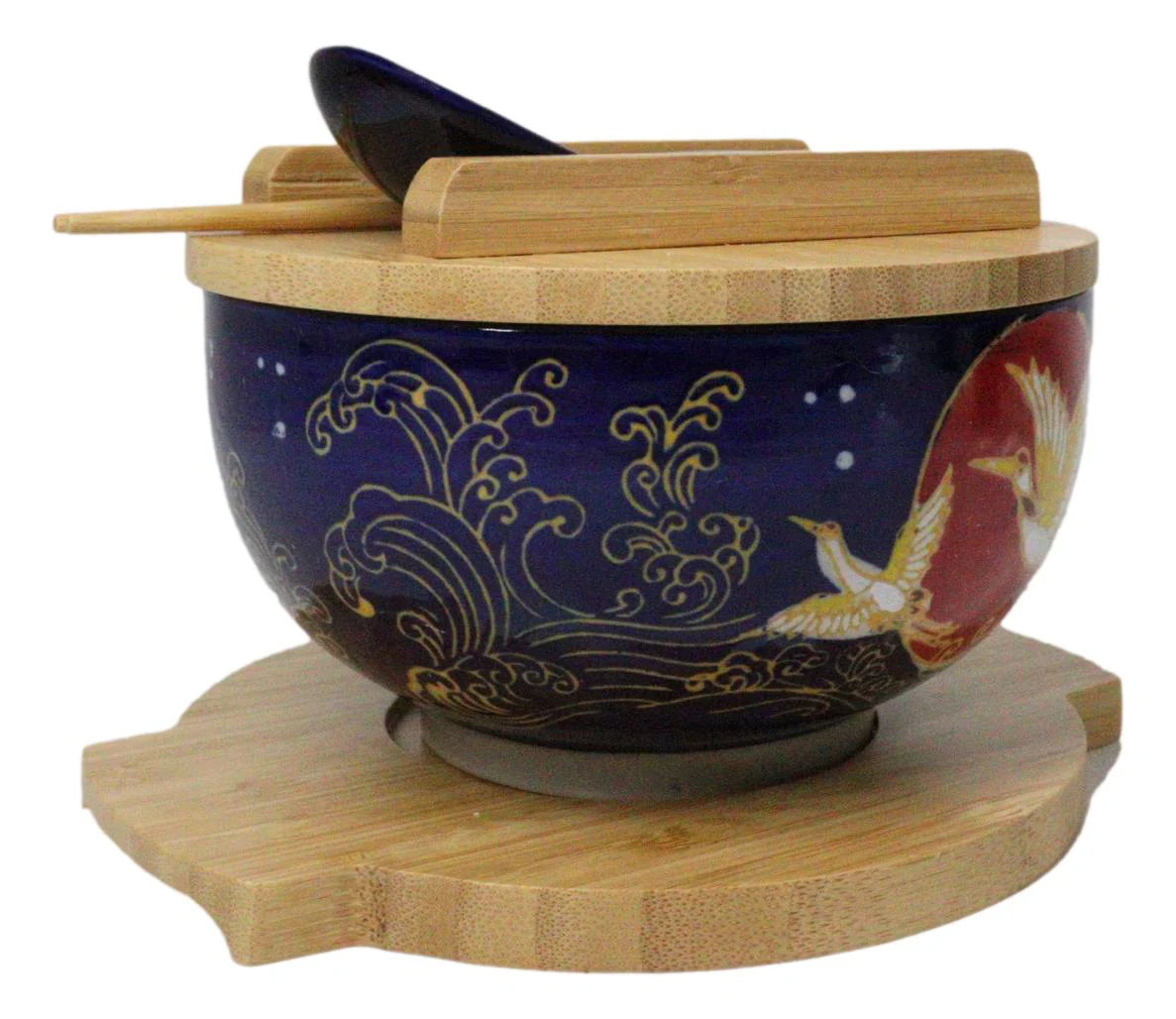 Red Moon Golden Crane Donburi Ramen Bowl With Lid Trivet Spoon Chopsticks Set - Image 5