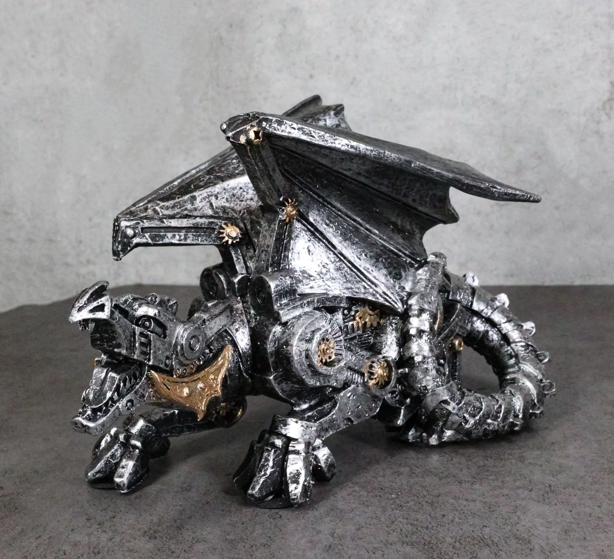 Roaring Steampunk Silver Robotic Cyborg Winged Geared Clockwork Dragon Figurine - Image 10