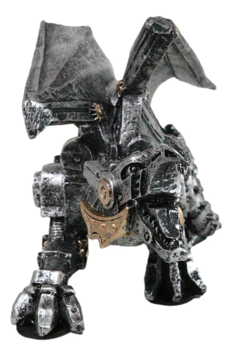 Roaring Steampunk Silver Robotic Cyborg Winged Geared Clockwork Dragon Figurine - Image 3