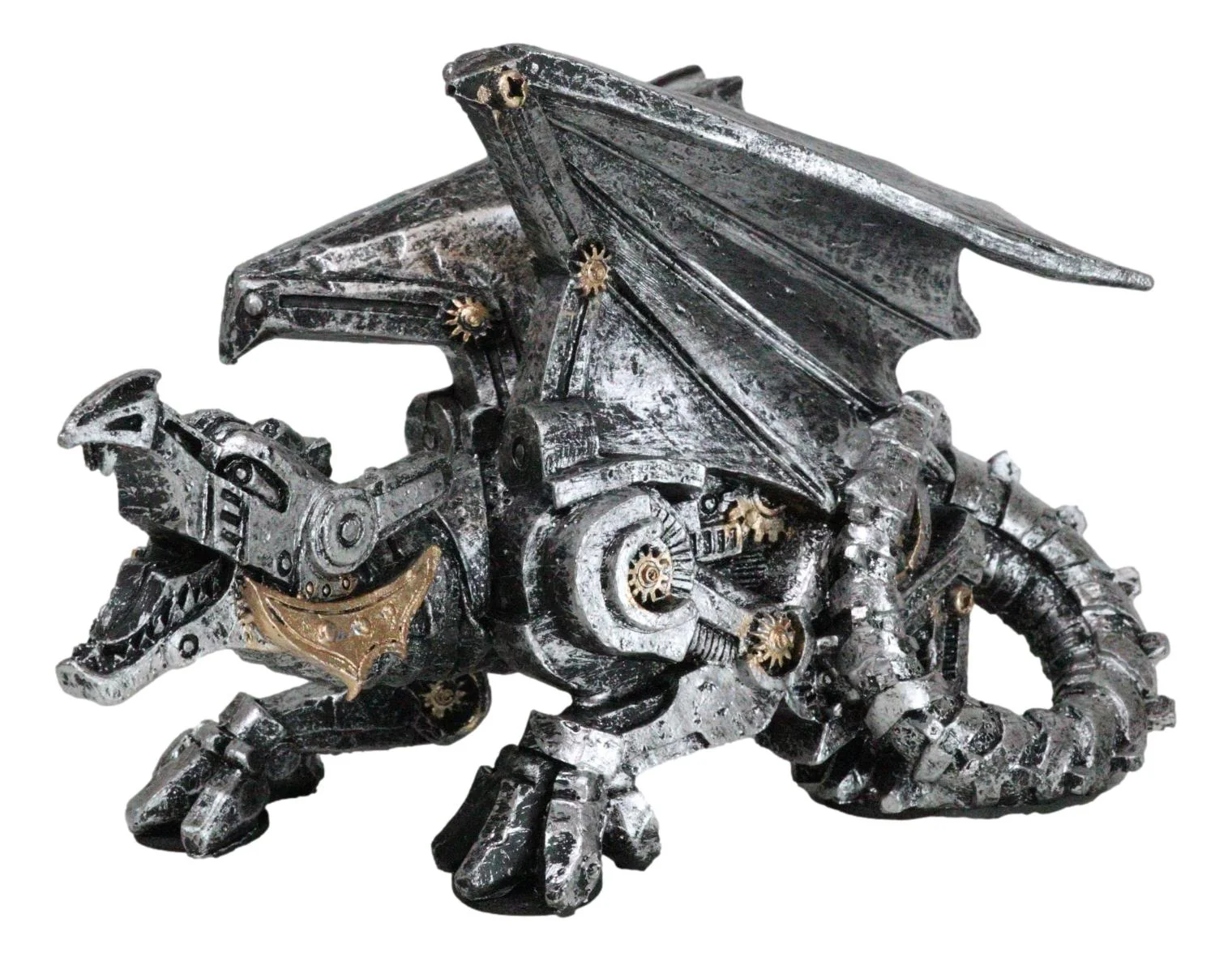 Roaring Steampunk Silver Robotic Cyborg Winged Geared Clockwork Dragon Figurine - Image 5
