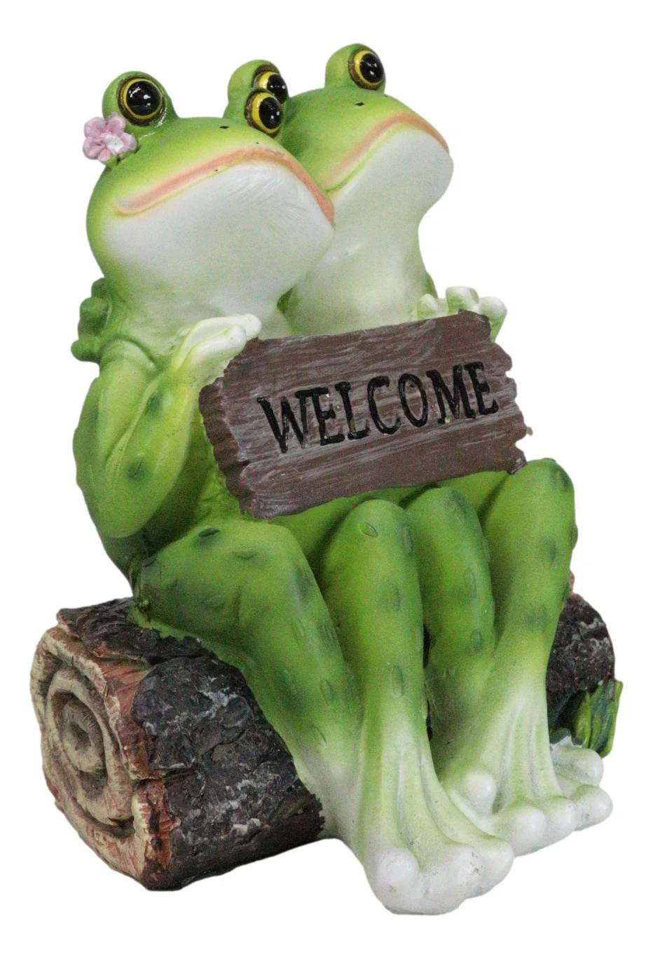 Romantic Frog Couple Sitting On Log Bench Holding Welcome Plank Sign Figurine - Image 4