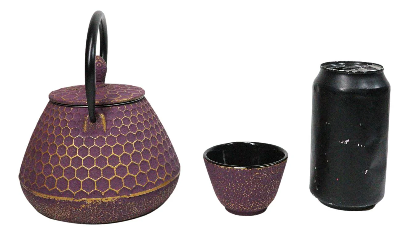 Royal Purple And Gold Honeycomb Tetsubin 27oz Cast Iron Tea Pot With 4 Cups Set - Image 7