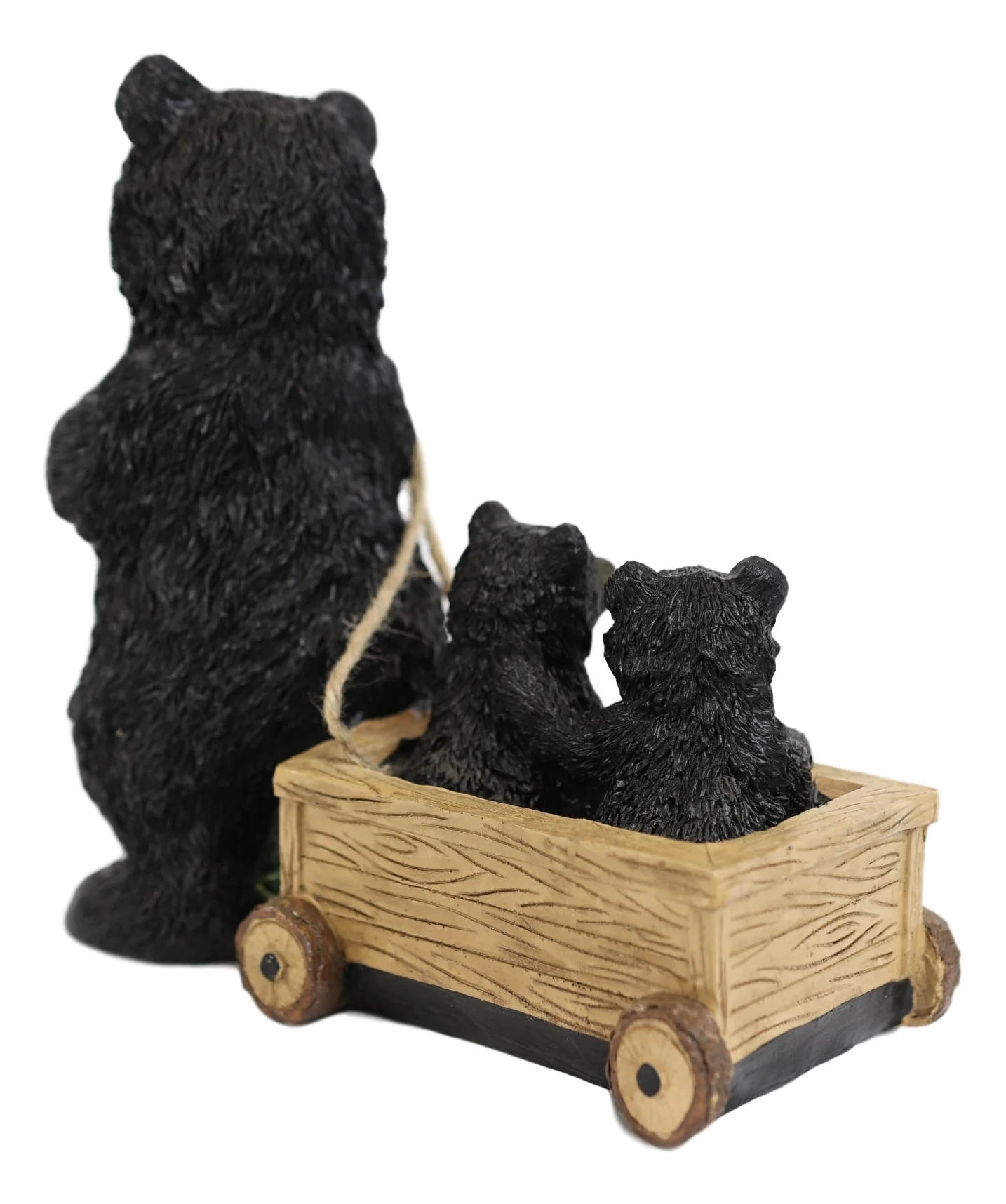 Rustic Black Bear Mother With Cubs Sitting in Wooden Cart Wagon Welcome Statue - Image 2