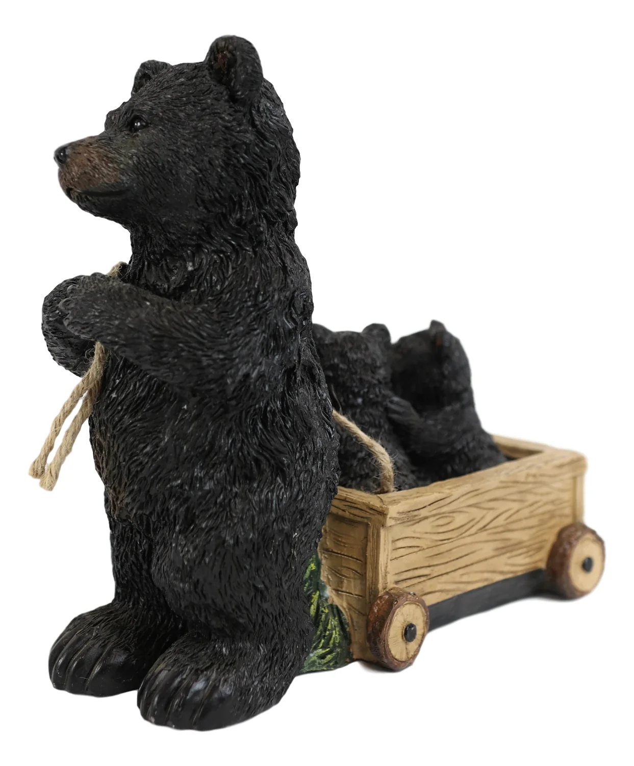 Rustic Black Bear Mother With Cubs Sitting in Wooden Cart Wagon Welcome Statue - Image 5