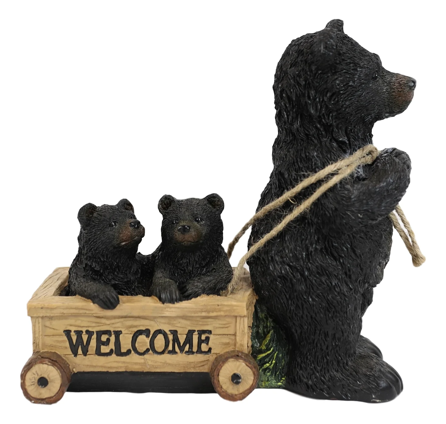 Rustic Black Bear Mother With Cubs Sitting in Wooden Cart Wagon Welcome Statue - Image 6