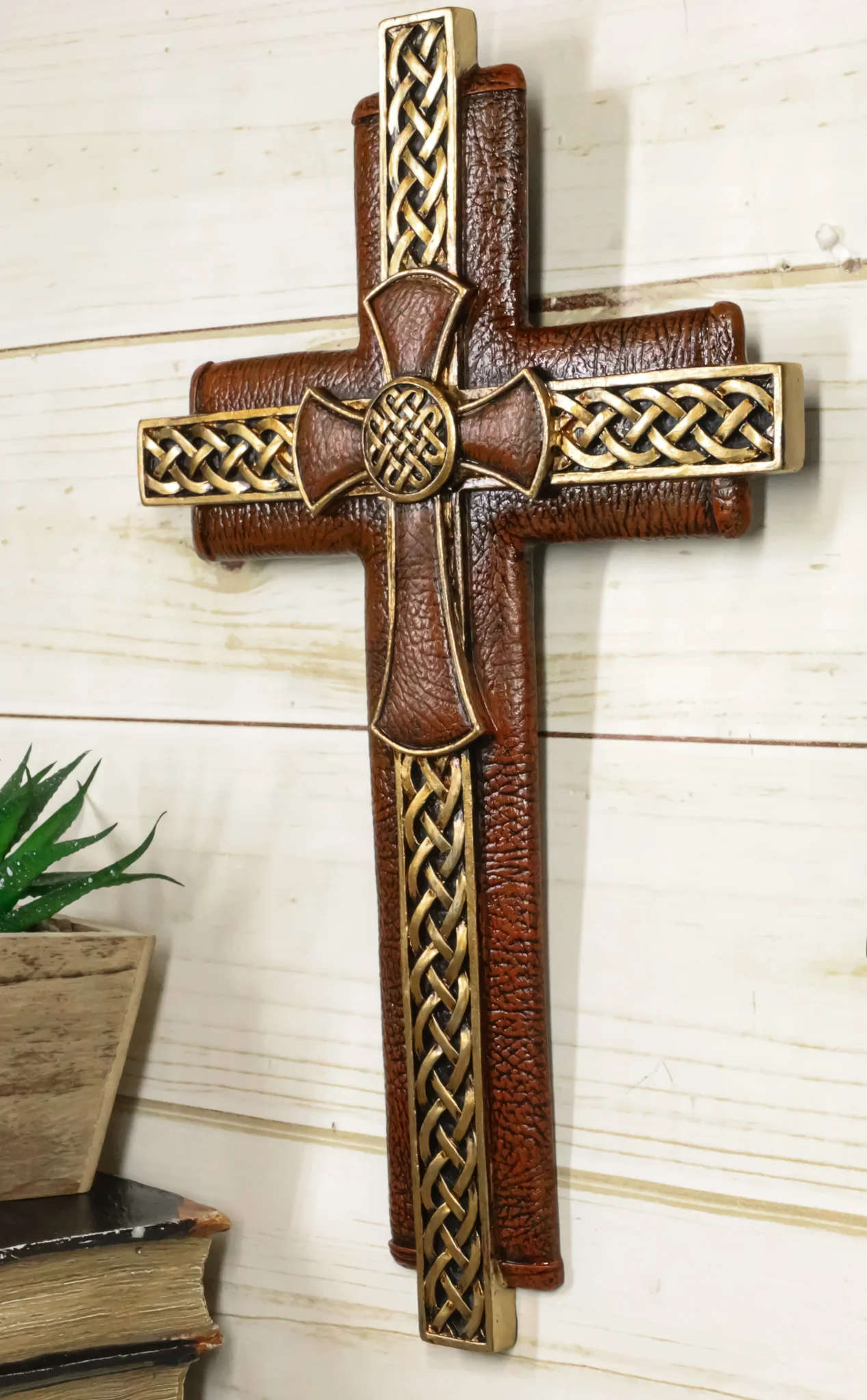 Rustic Celtic Knot Scrollwork Faux Tooled Leather Multiple Layered Wall Cross - Image 7