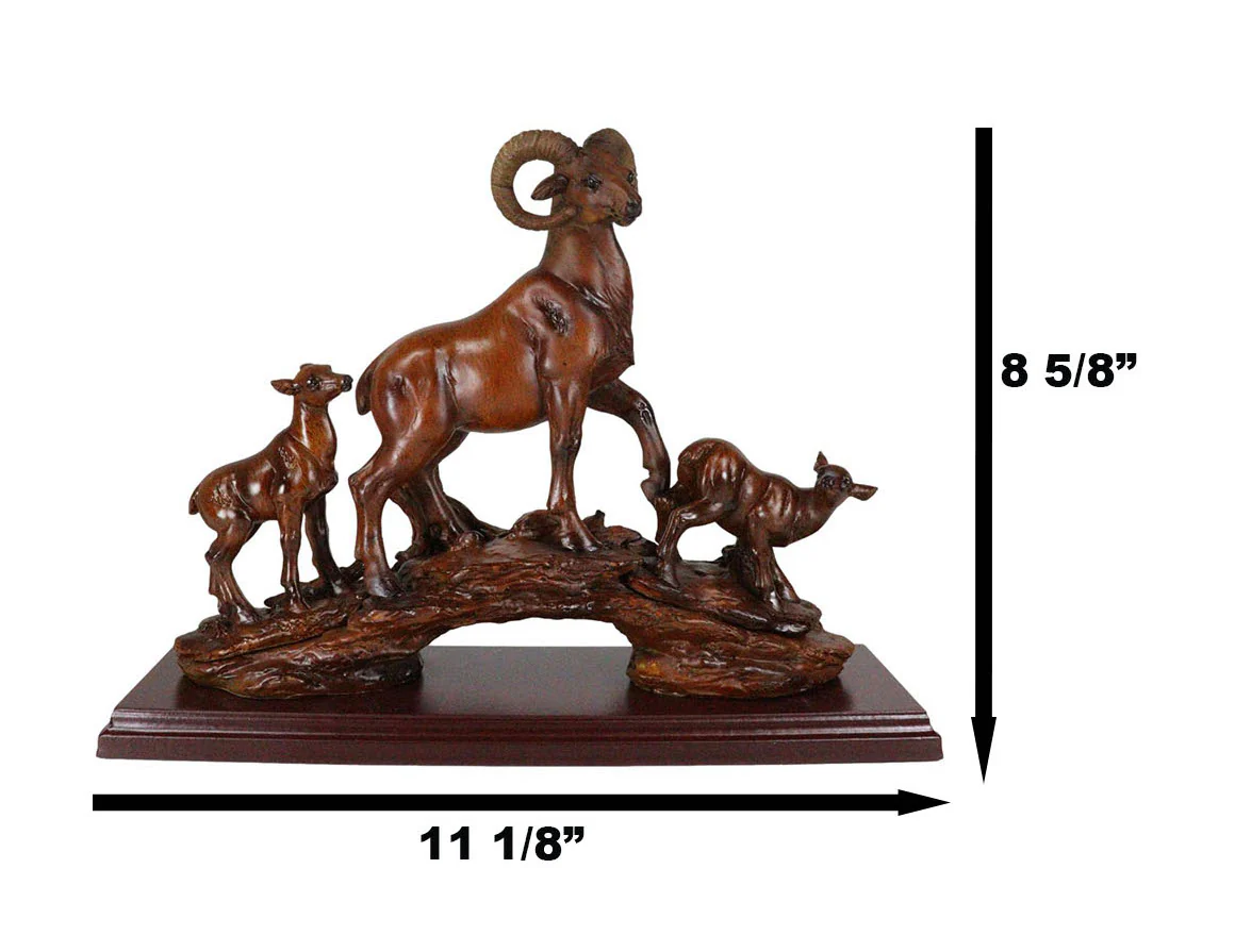 Rustic Country Bighorn Sheep Ram With Lambs On Rock Faux Mahogany Wood Figurine - Image 2