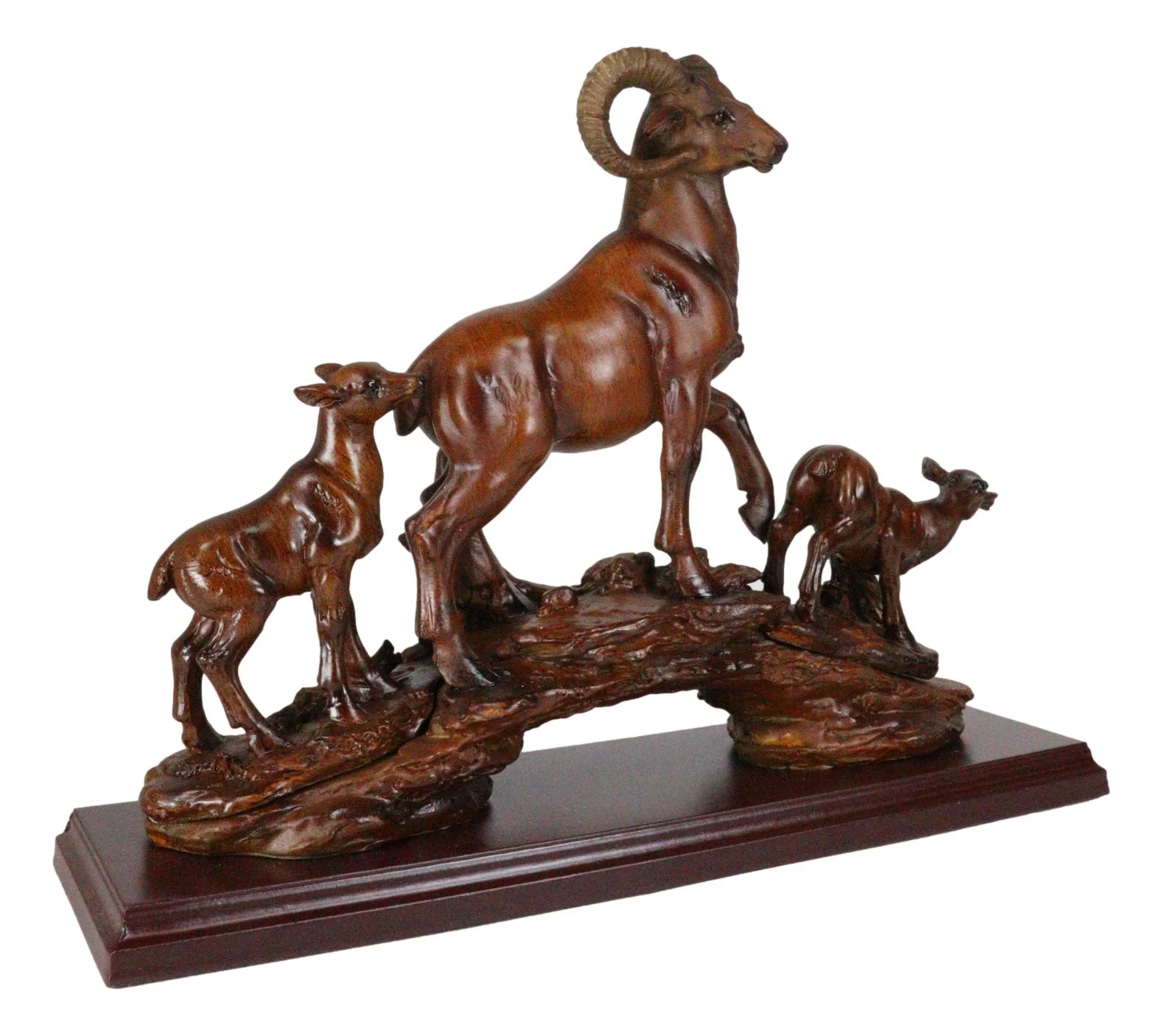 Rustic Country Bighorn Sheep Ram With Lambs On Rock Faux Mahogany Wood Figurine - Image 3