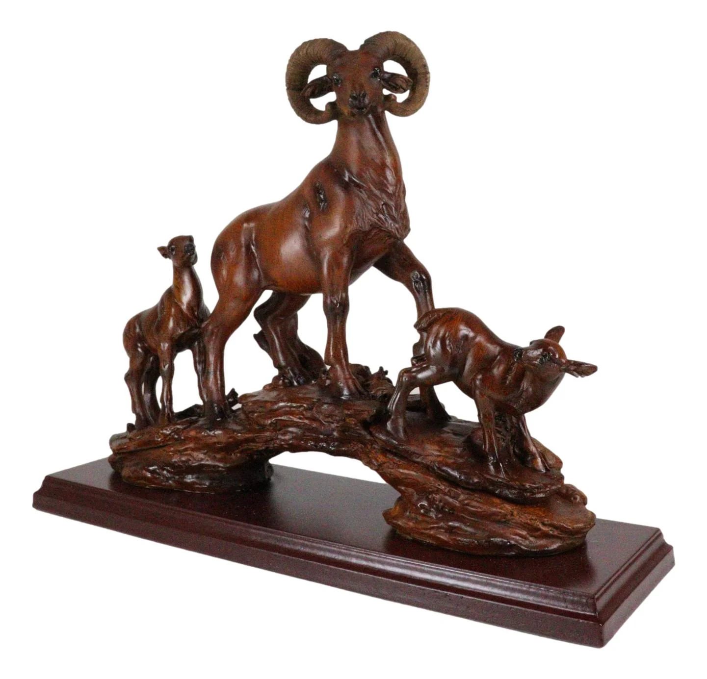 Rustic Country Bighorn Sheep Ram With Lambs On Rock Faux Mahogany Wood Figurine - Image 4