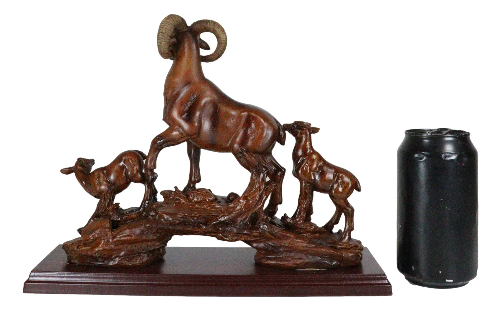 Rustic Country Bighorn Sheep Ram With Lambs On Rock Faux Mahogany Wood Figurine - Image 9