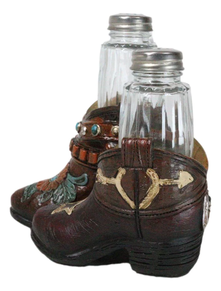 Rustic Cowgirl Turquoise Flowers Stars Double Boots Salt Pepper Shakers Holder - Image 6