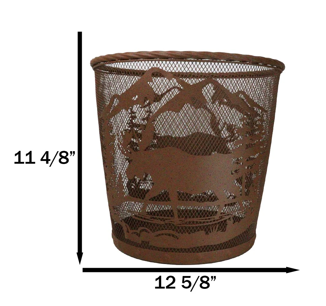 Rustic Deer Moose By Pine Forest Mountains Metal Wire Waste Basket Trash Bin - Image 2