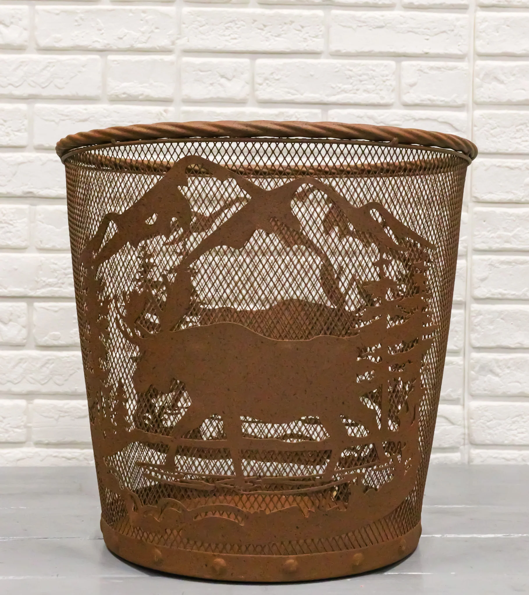 Rustic Deer Moose By Pine Forest Mountains Metal Wire Waste Basket Trash Bin - Image 9
