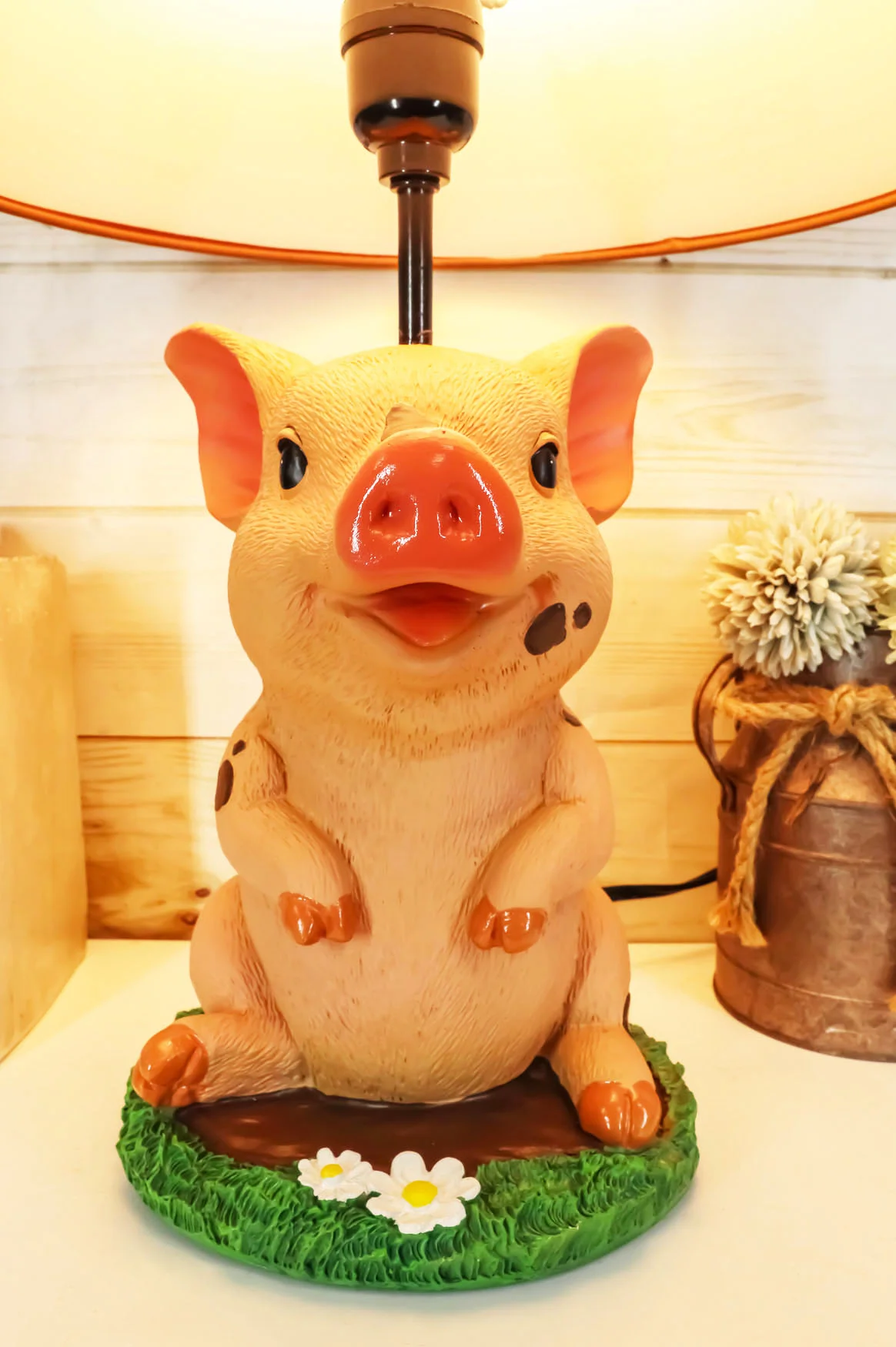 Rustic Farm Country Pink Babe Piglet Muddy Pig Desktop Table Lamp With Shade - Image 5