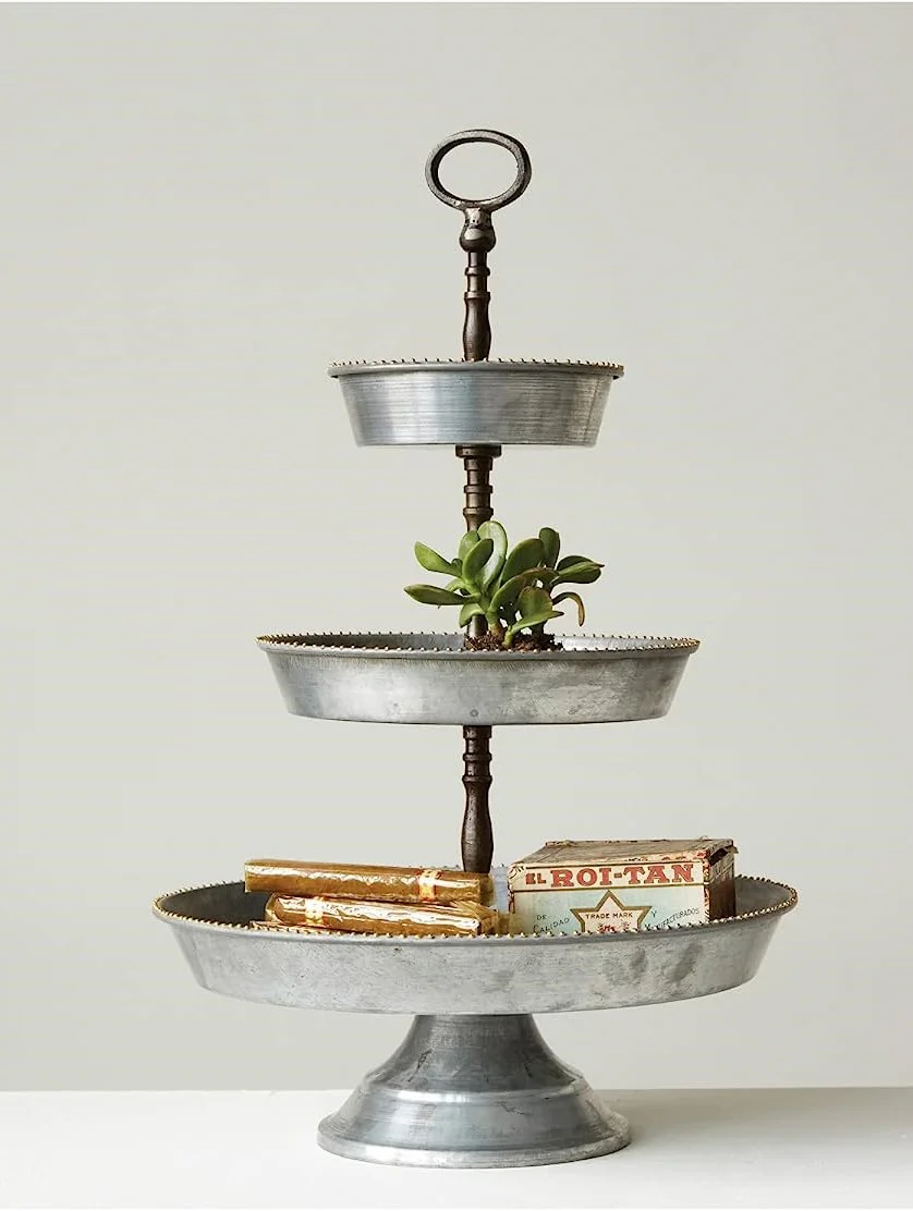 Rustic Farmhouse 3 Tiered Tabletop Galvanized Metal Serving Tray With Handle - Image 2