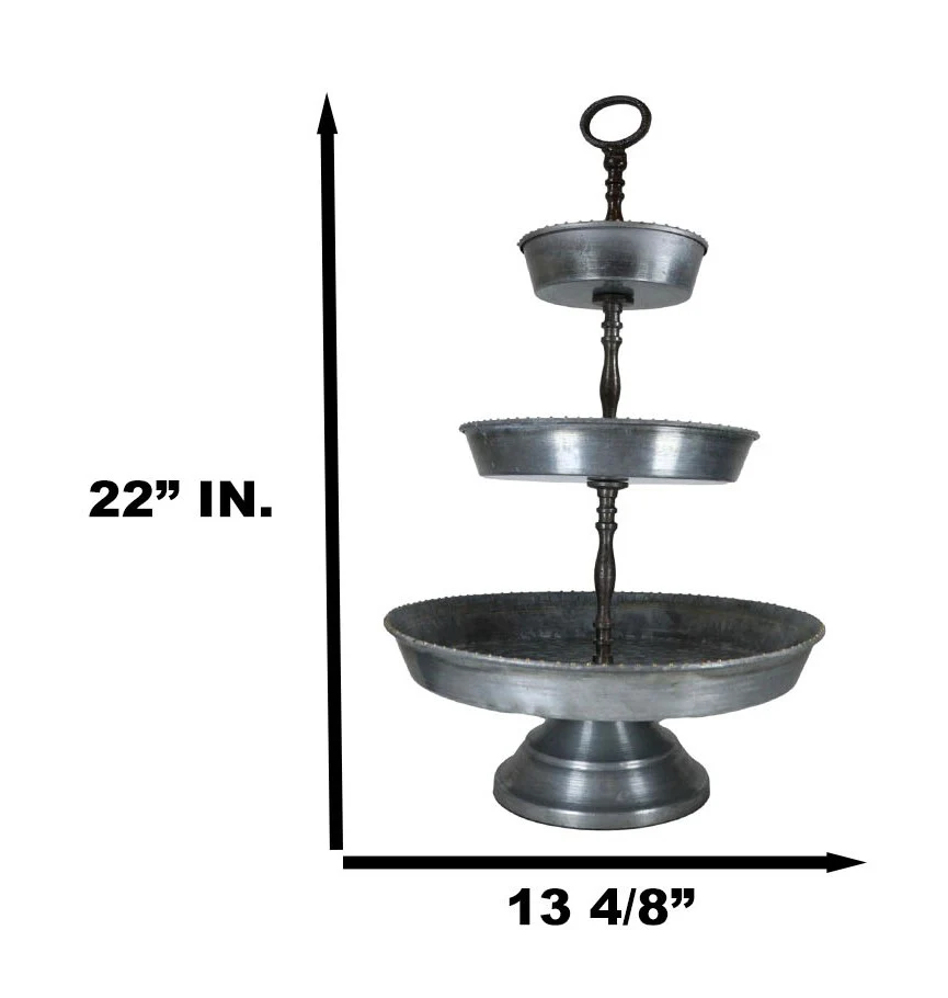 Rustic Farmhouse 3 Tiered Tabletop Galvanized Metal Serving Tray With Handle - Image 4
