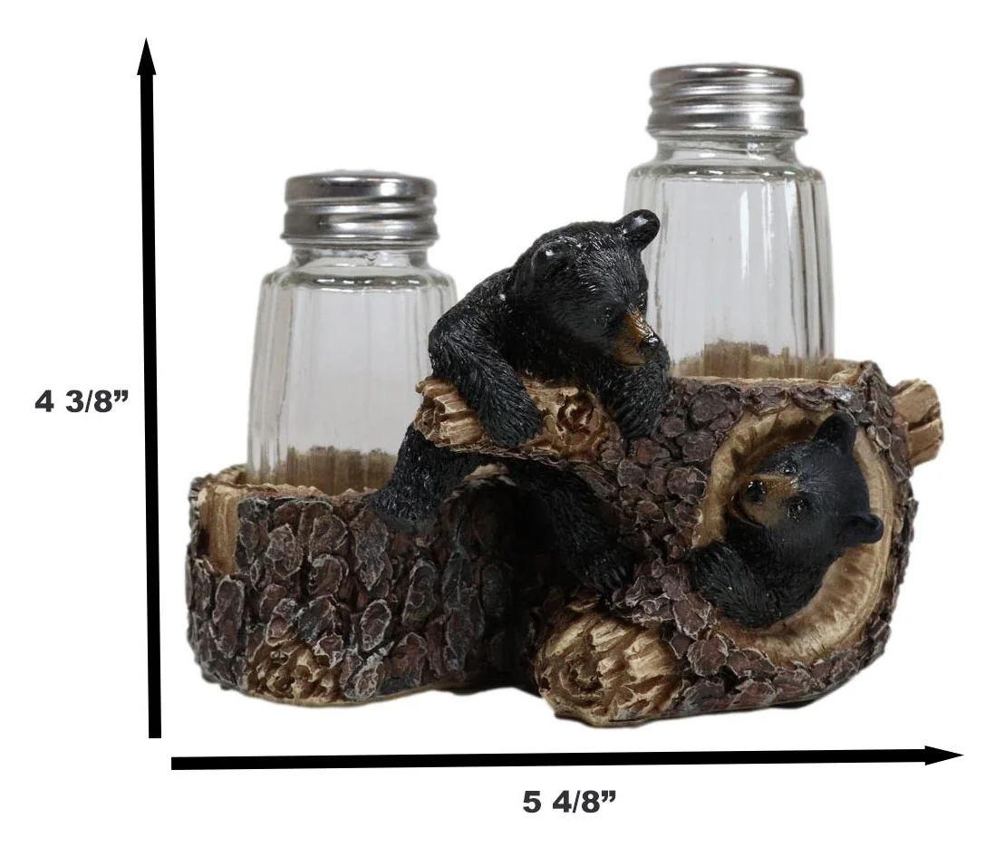 Rustic Forest 2 Black Bear Cubs Playing By Tree Logs Salt Pepper Shakers Holder - Image 2