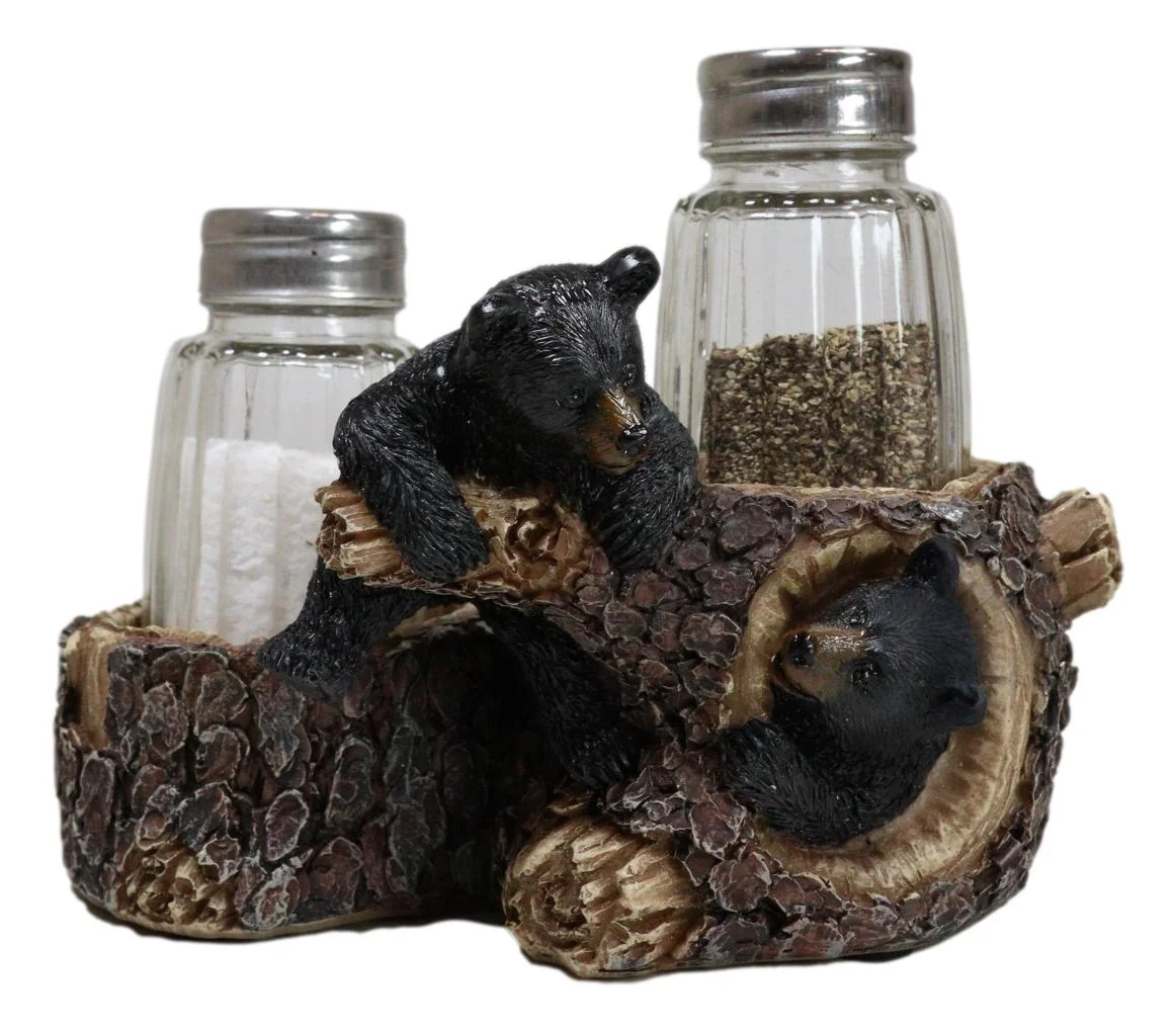 Rustic Forest 2 Black Bear Cubs Playing By Tree Logs Salt Pepper Shakers Holder - Image 4