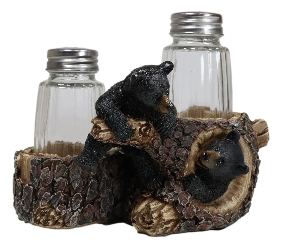 Rustic Forest 2 Black Bear Cubs Playing By Tree Logs Salt Pepper Shakers Holder - Image 5