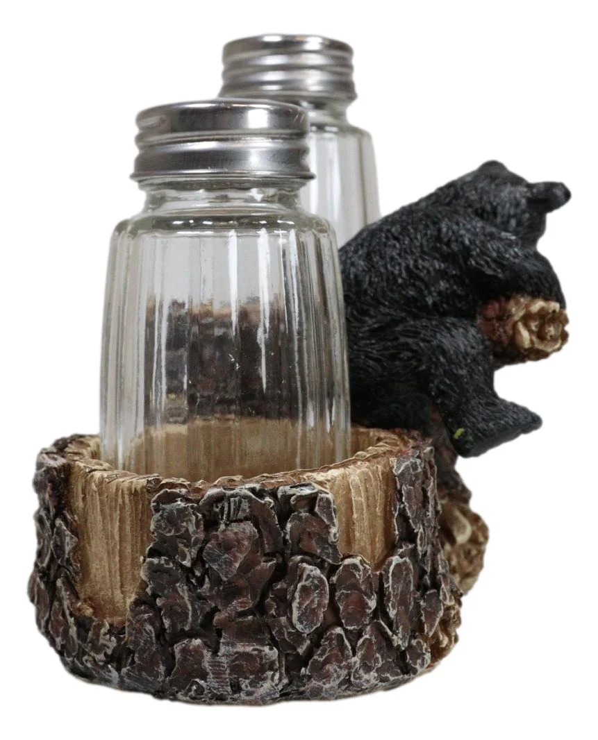 Rustic Forest 2 Black Bear Cubs Playing By Tree Logs Salt Pepper Shakers Holder - Image 6