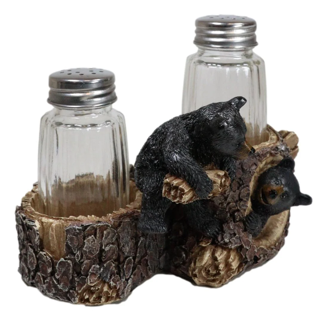 Rustic Forest 2 Black Bear Cubs Playing By Tree Logs Salt Pepper Shakers Holder - Image 7
