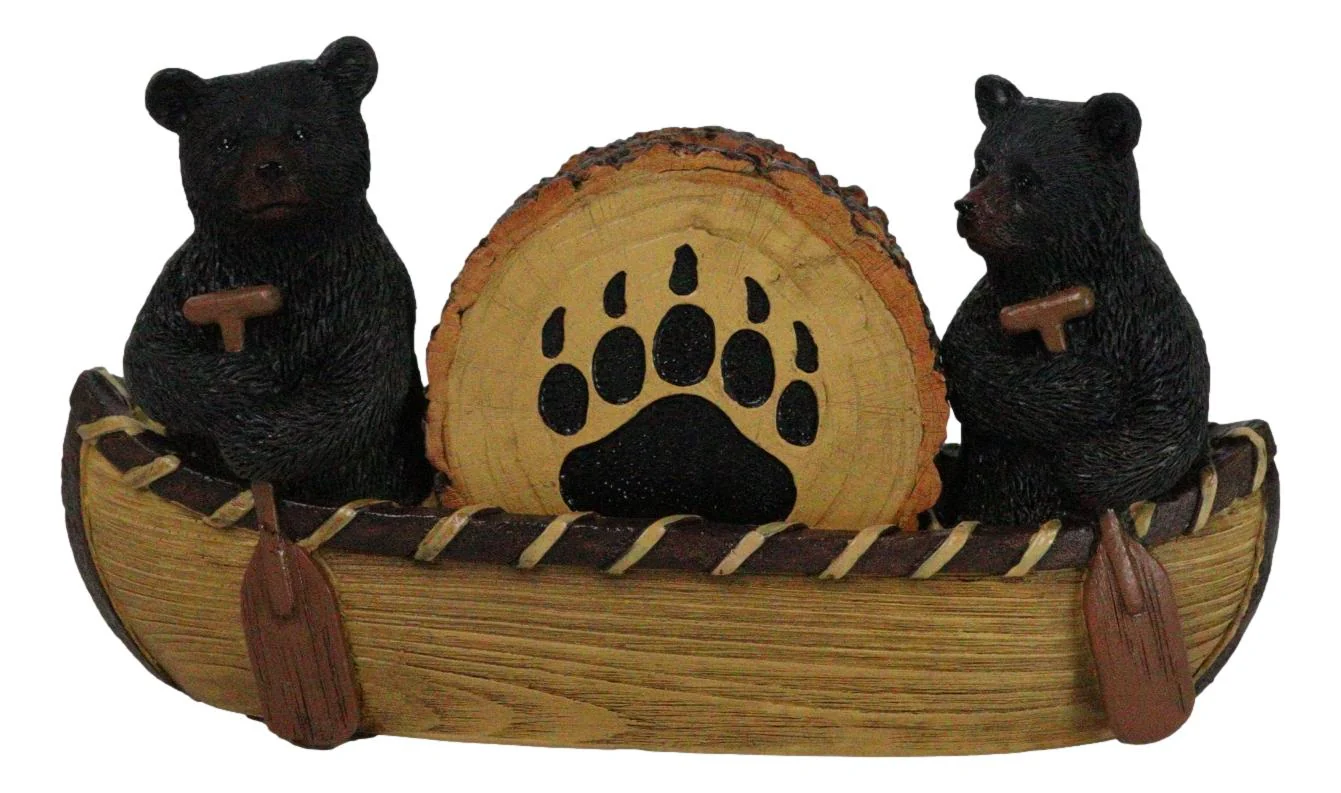 Rustic Forest Black Bears Rowing in Canoe Boat Bear Paw Tree Ring Coaster Set