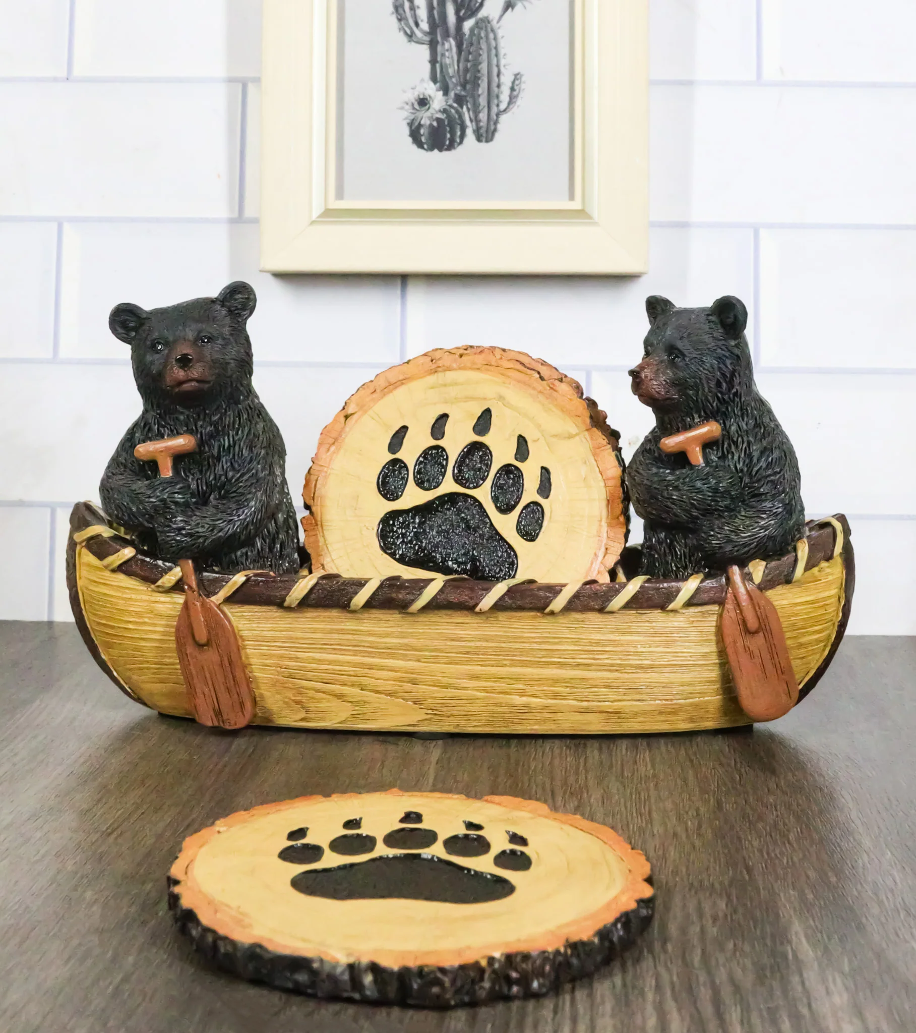 Rustic Forest Black Bears Rowing in Canoe Boat Bear Paw Tree Ring Coaster Set - Image 10