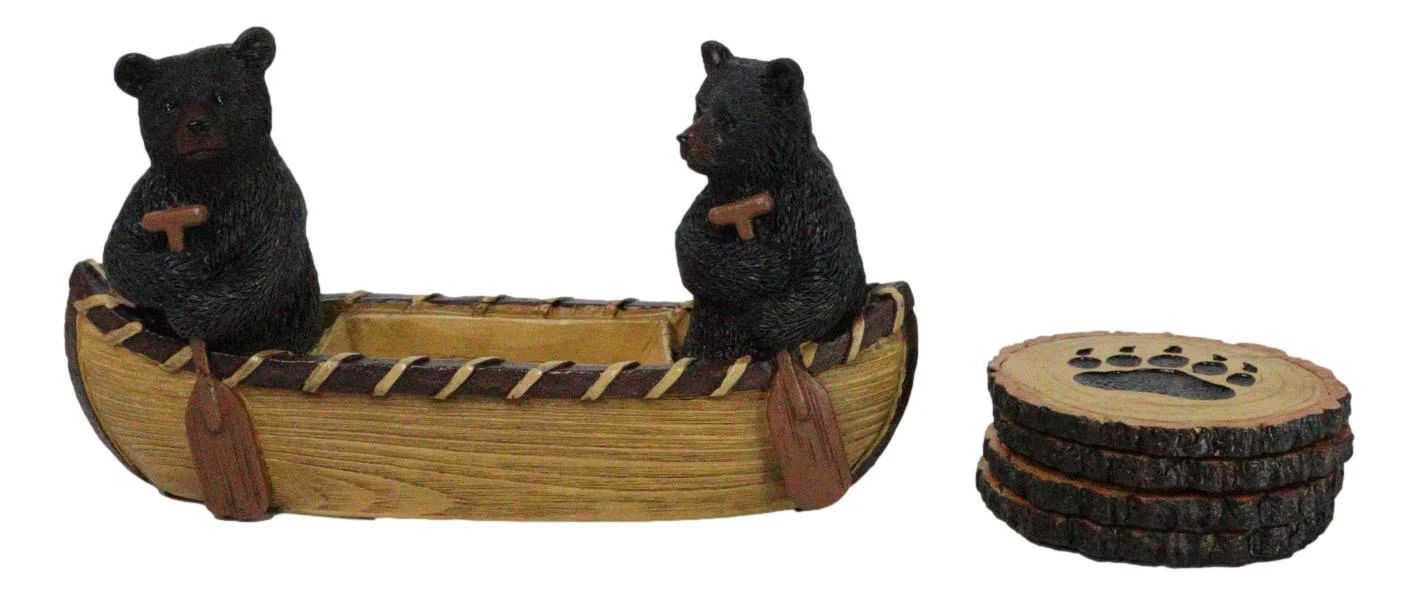 Rustic Forest Black Bears Rowing in Canoe Boat Bear Paw Tree Ring Coaster Set - Image 3