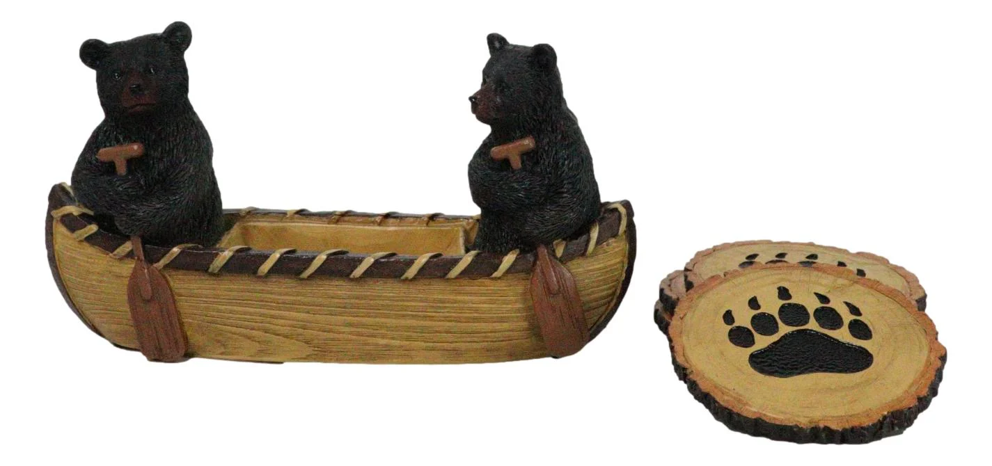Rustic Forest Black Bears Rowing in Canoe Boat Bear Paw Tree Ring Coaster Set - Image 4