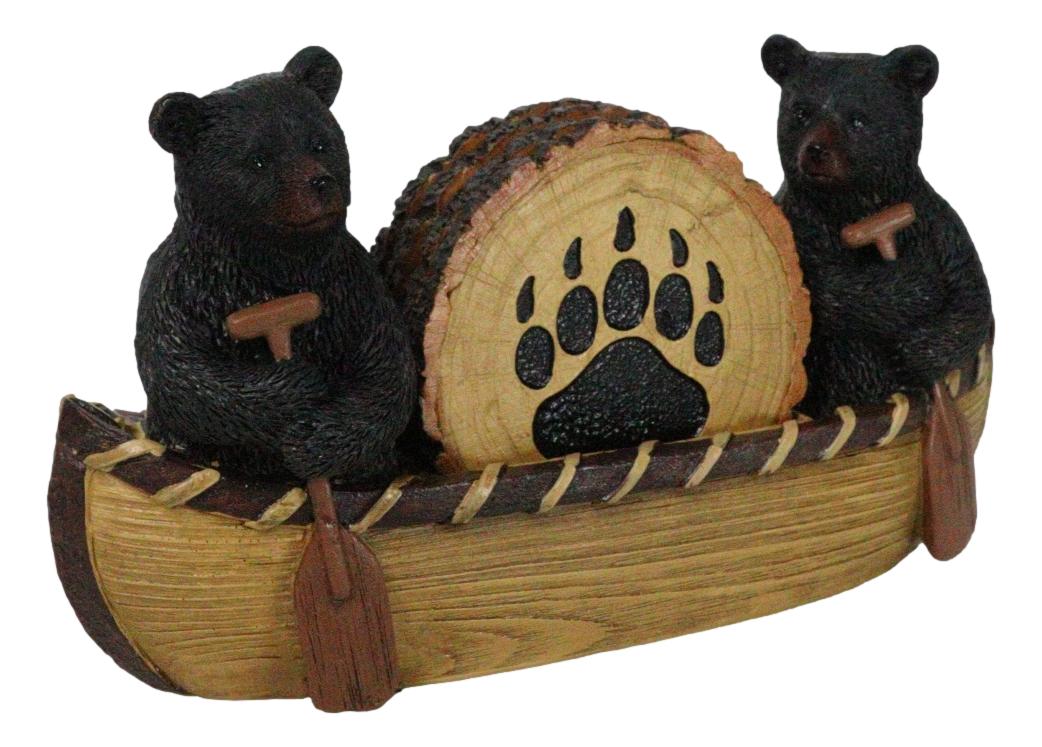 Rustic Forest Black Bears Rowing in Canoe Boat Bear Paw Tree Ring Coaster Set - Image 7