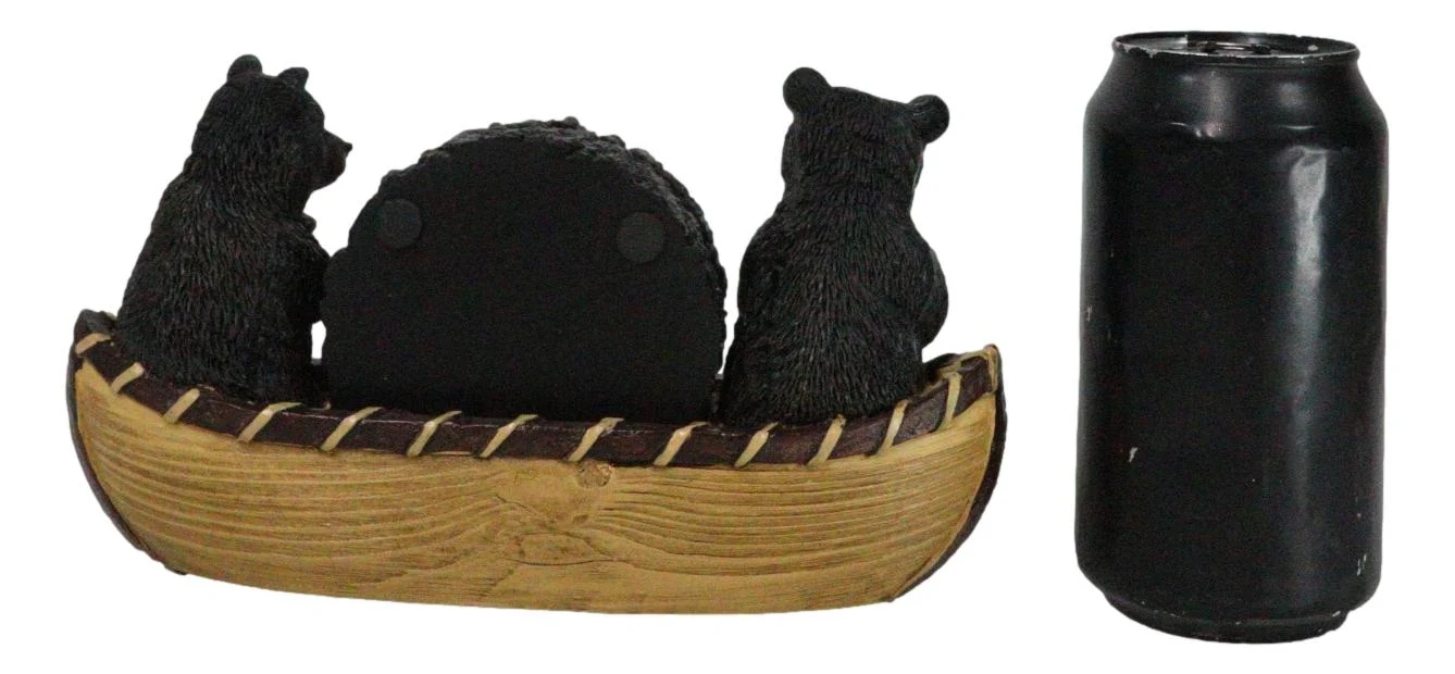 Rustic Forest Black Bears Rowing in Canoe Boat Bear Paw Tree Ring Coaster Set - Image 8