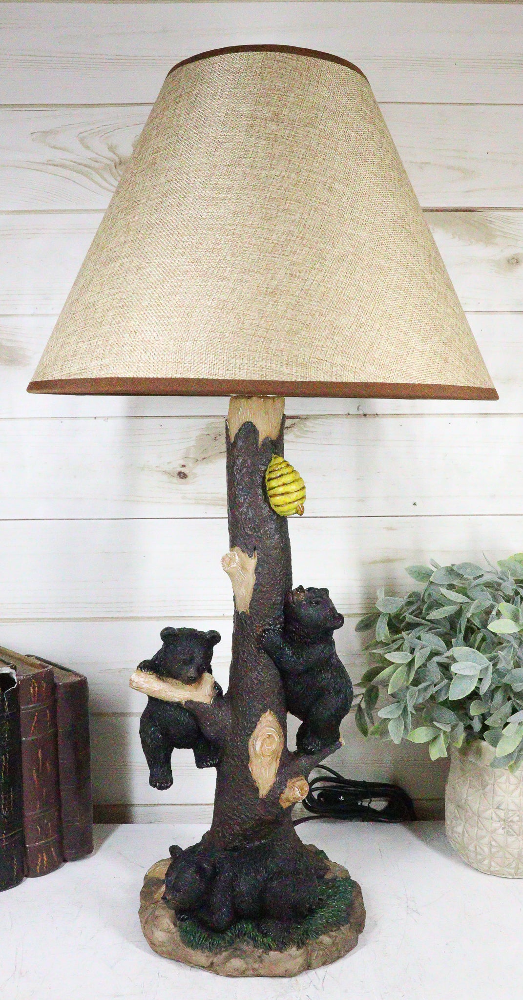 Rustic Forest Climbing 3 Black Bear Cubs On Tree Getting Beehive Table Lamp - Image 11