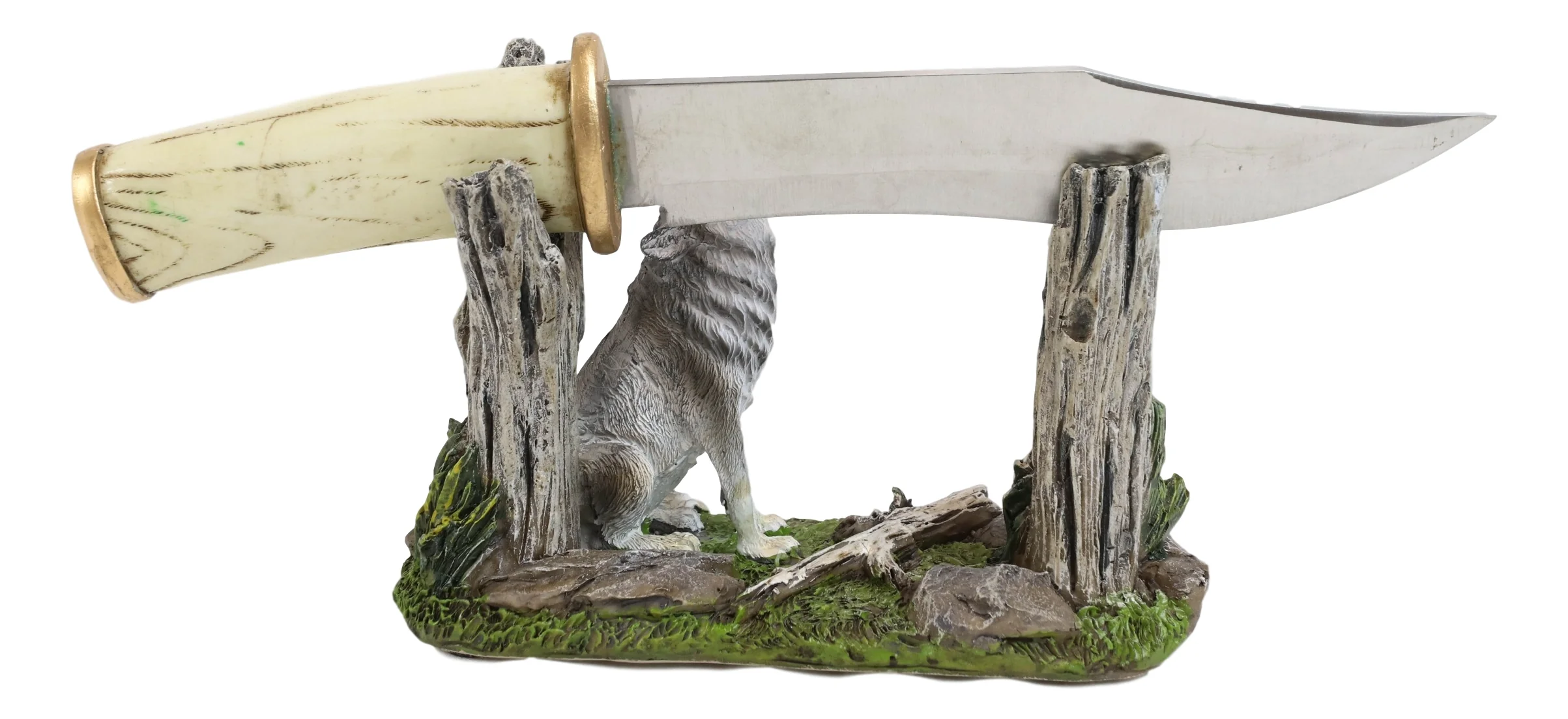 Rustic Forest Howling Gray Wolf Display With Decorative Dagger Knife Statue Set - Image 3