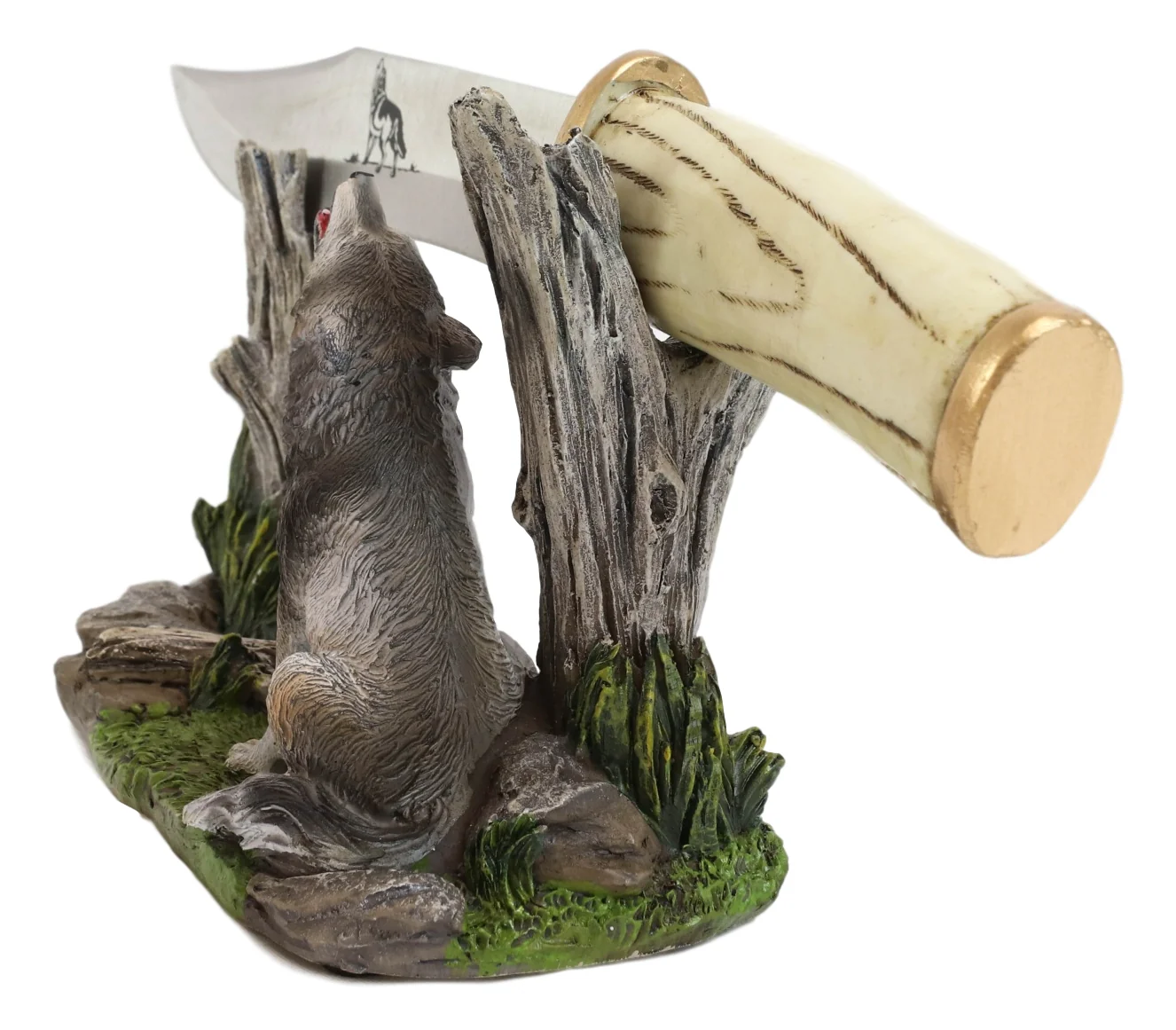 Rustic Forest Howling Gray Wolf Display With Decorative Dagger Knife Statue Set - Image 4