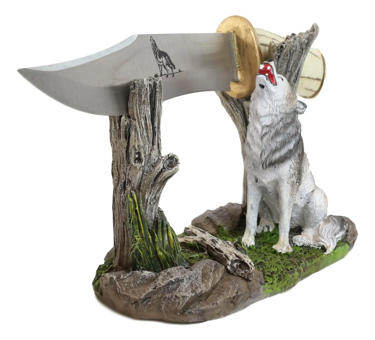 Rustic Forest Howling Gray Wolf Display With Decorative Dagger Knife Statue Set - Image 5