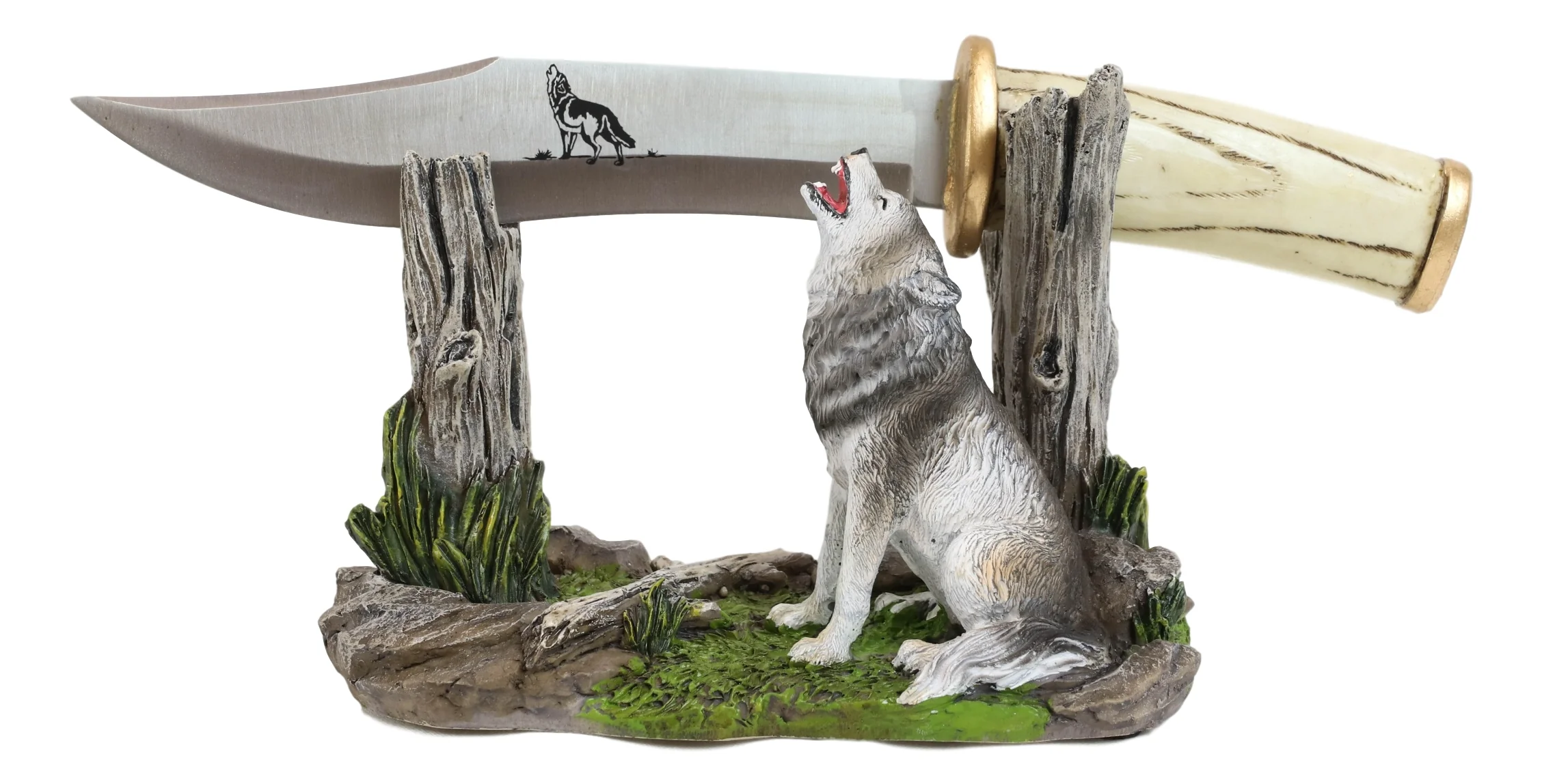Rustic Forest Howling Gray Wolf Display With Decorative Dagger Knife Statue Set - Image 6