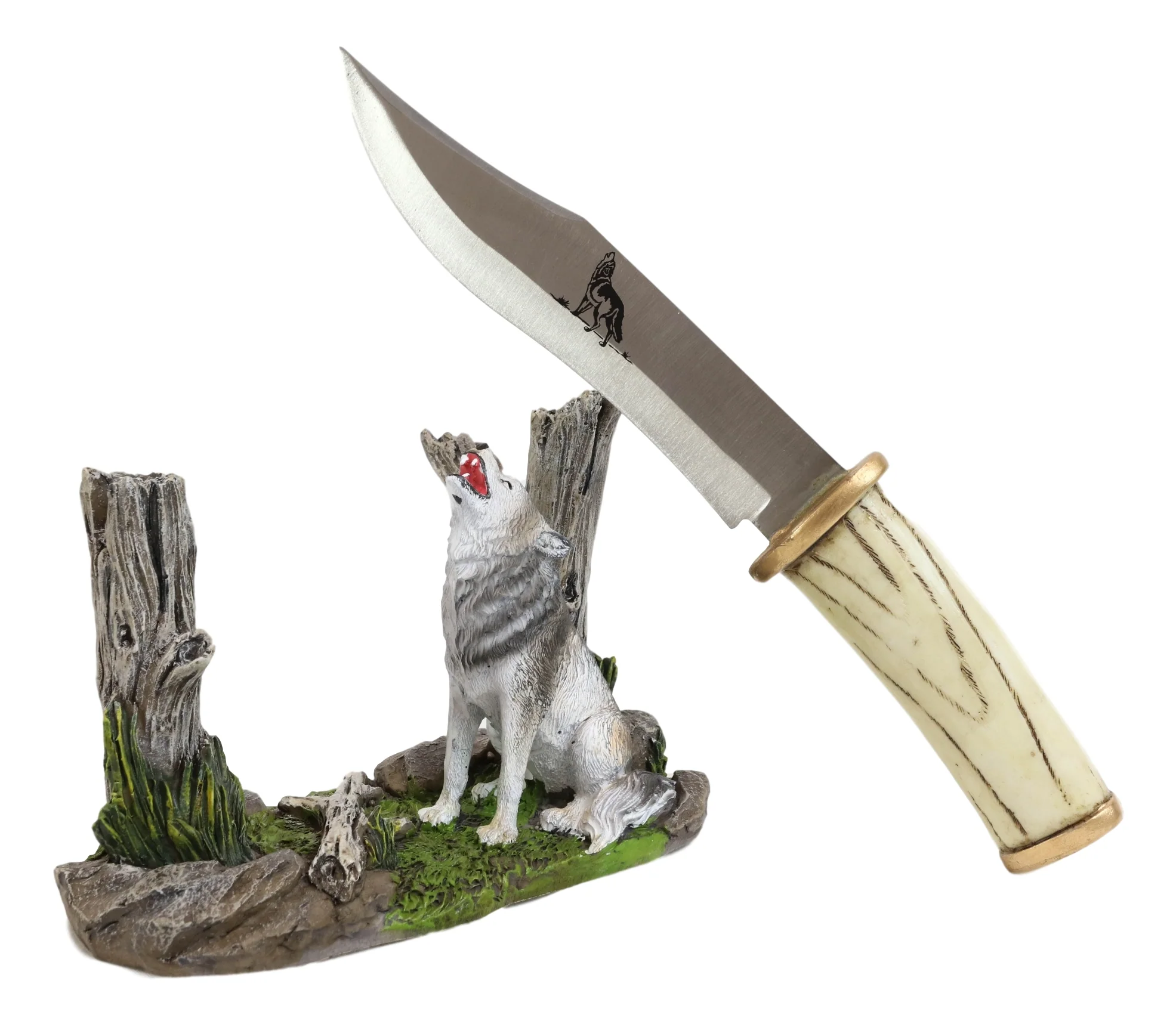 Rustic Forest Howling Gray Wolf Display With Decorative Dagger Knife Statue Set - Image 7