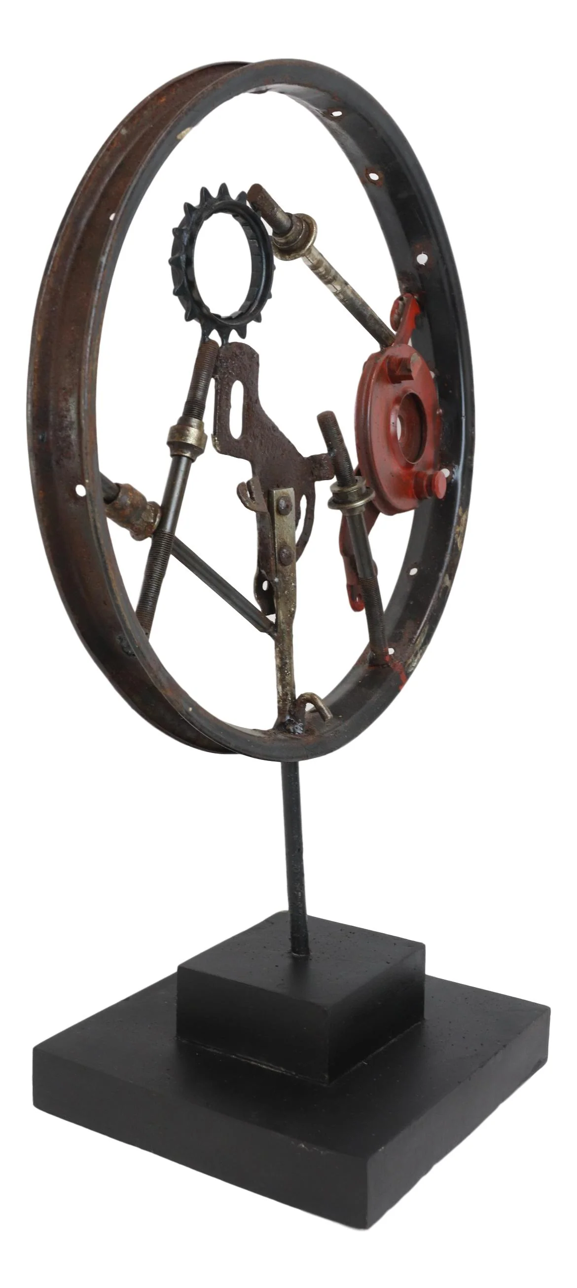 Rustic Grey Metal Industrial Geared Clockwork Steampunk Wheel Sculpture W/ Base - Image 2