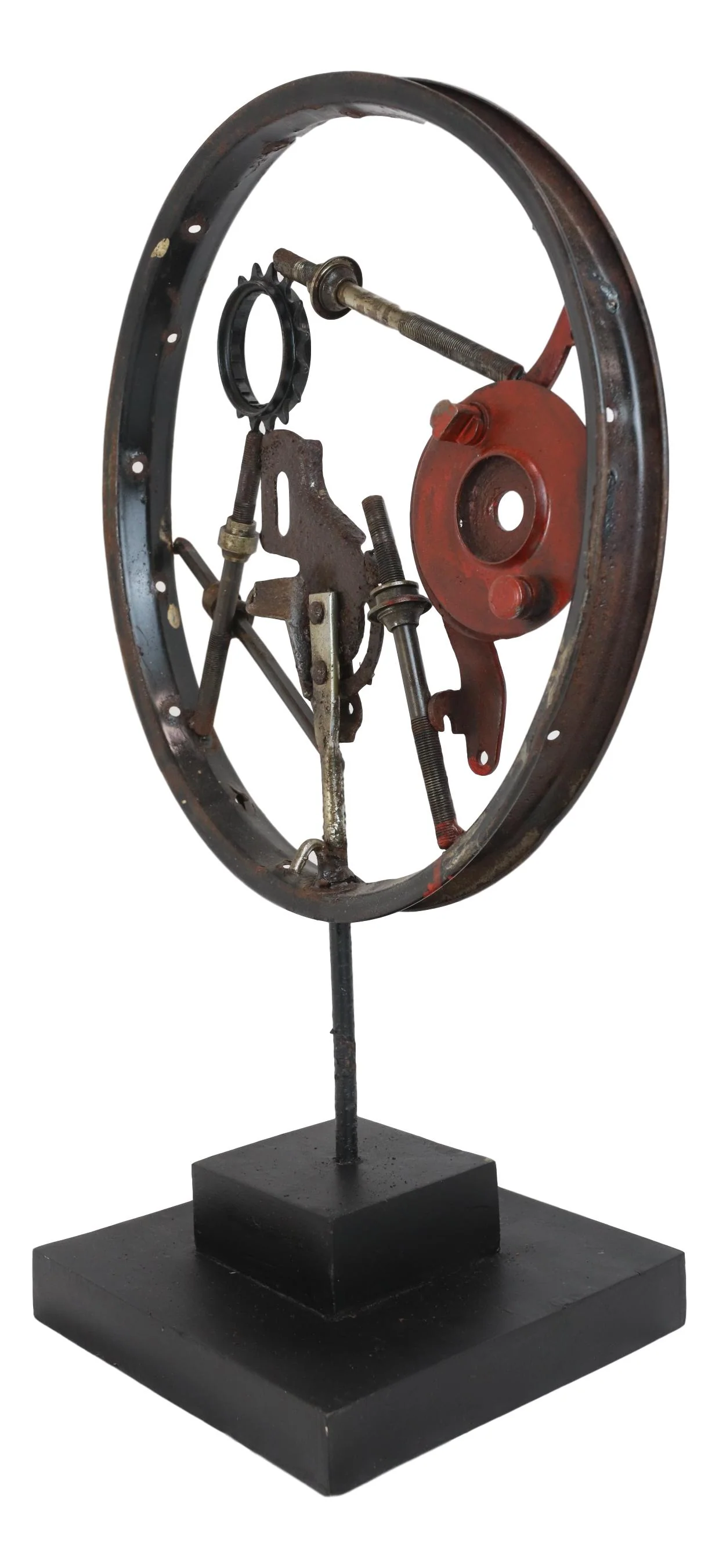 Rustic Grey Metal Industrial Geared Clockwork Steampunk Wheel Sculpture W/ Base - Image 3