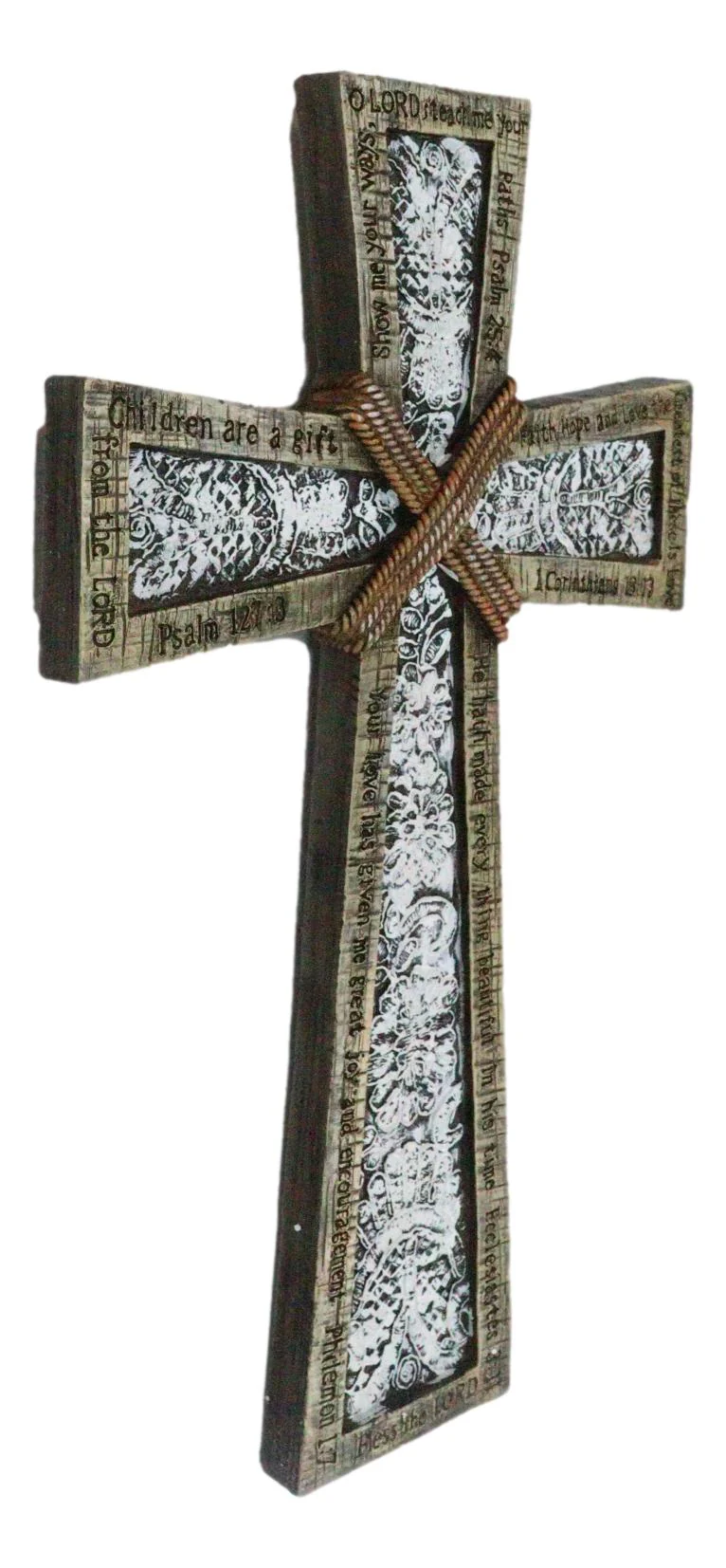 Rustic Holy Bible Scriptures Ornate White Lace Stencil Antiqued Wall Cross - Image 4