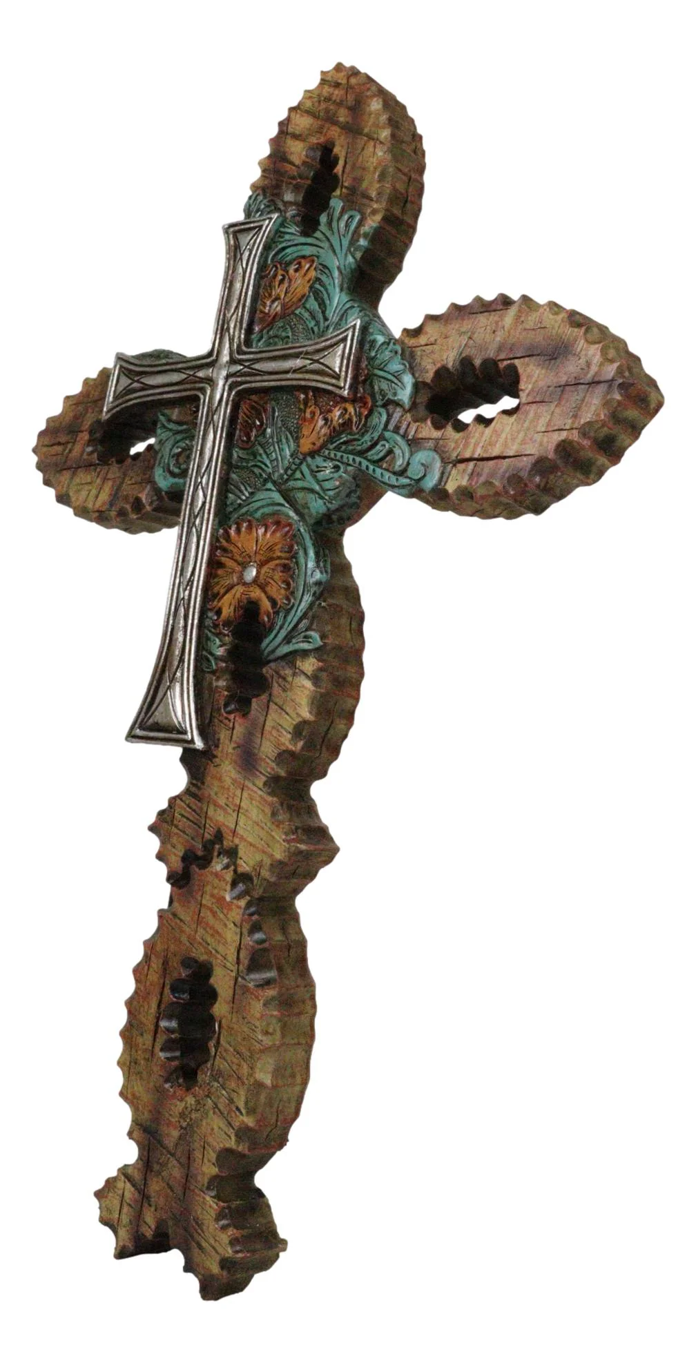 Rustic Ichthys Fishes And Tooled Flowers Faux Wood Finish Layered Wall Cross - Image 5