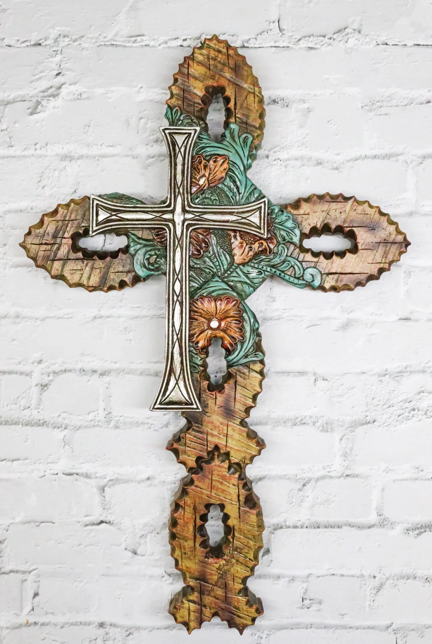 Rustic Ichthys Fishes And Tooled Flowers Faux Wood Finish Layered Wall Cross - Image 8