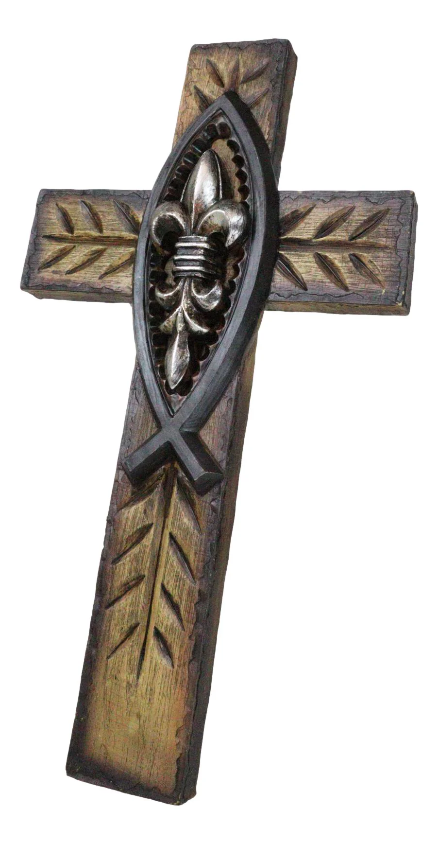 Rustic Ichthys Jesus Fish With Fleur De Lis Olive Carving Faux Wood Wall Cross - Image 7