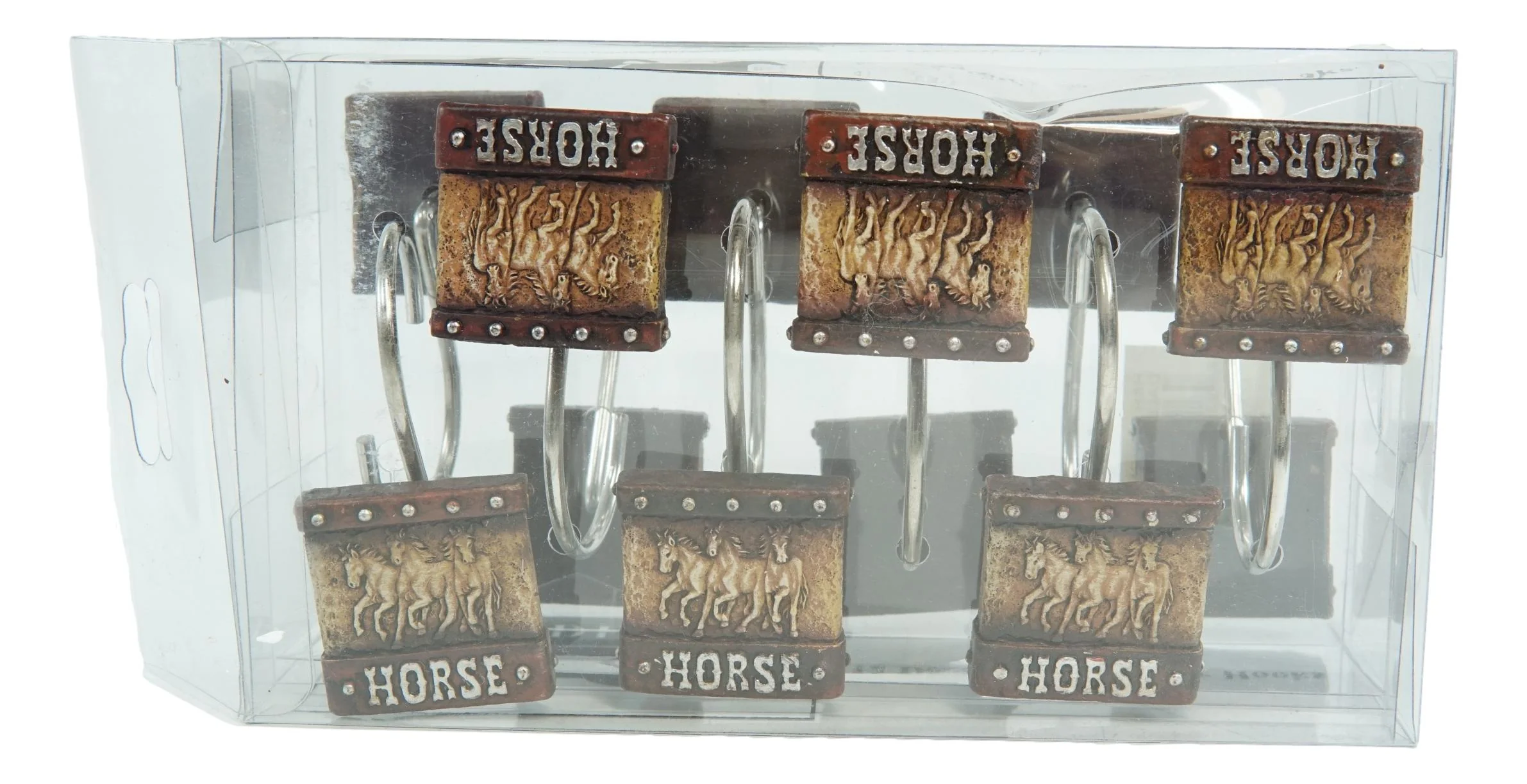 Rustic Running Horses On Faux Tooled Leather Bathroom Shower Curtain Hooks 12pk - Image 2