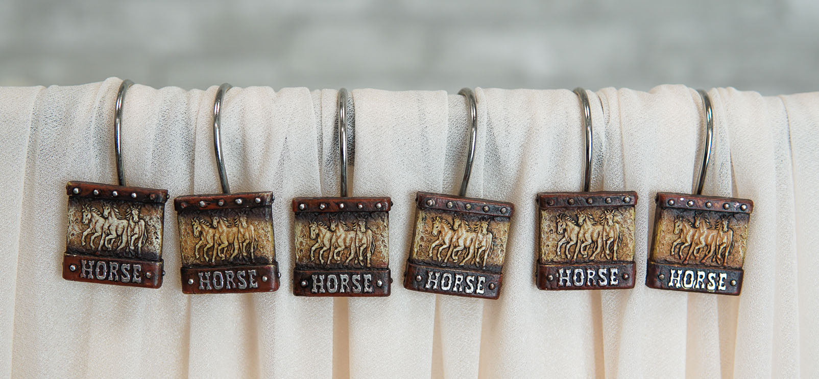 Rustic Running Horses On Faux Tooled Leather Bathroom Shower Curtain Hooks 12pk - Image 5