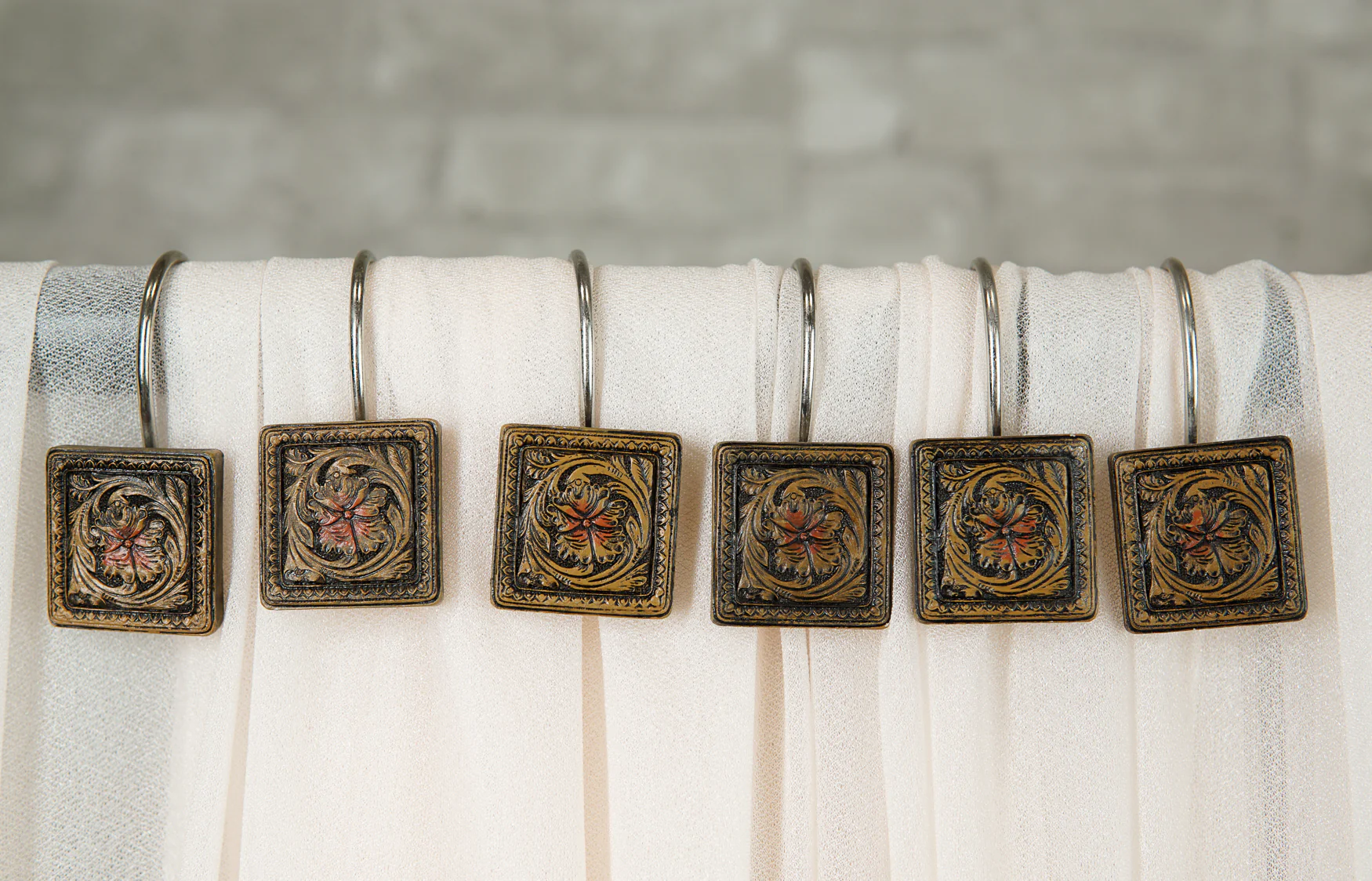 Rustic Scroll Floral Blossoms Tooled Leather Bathroom Shower Curtain Hooks 12pk - Image 4
