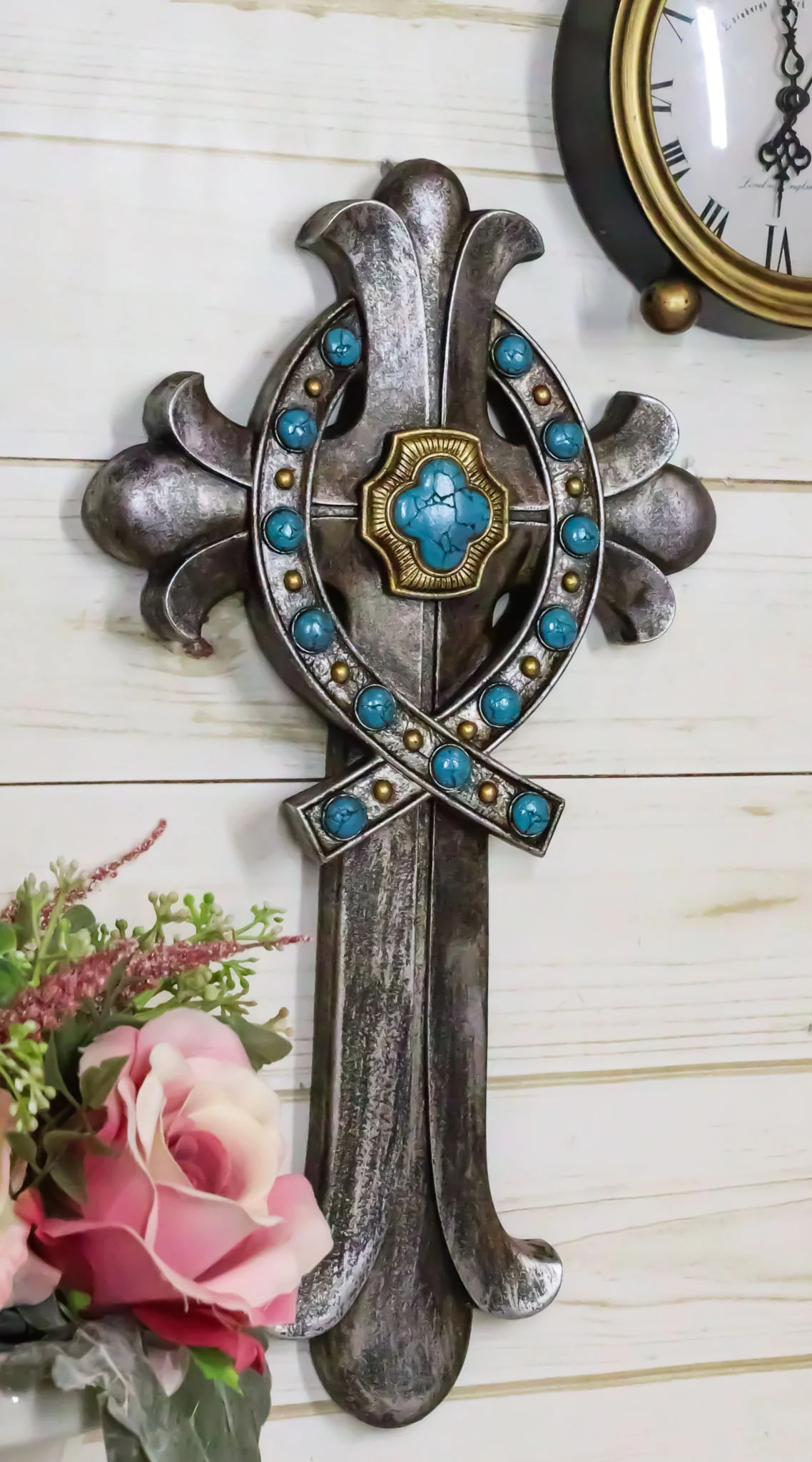 Rustic Silver Finish Fleur De Lis Greek Ichthys Christ Fish Turquoise Wall Cross - Image 10
