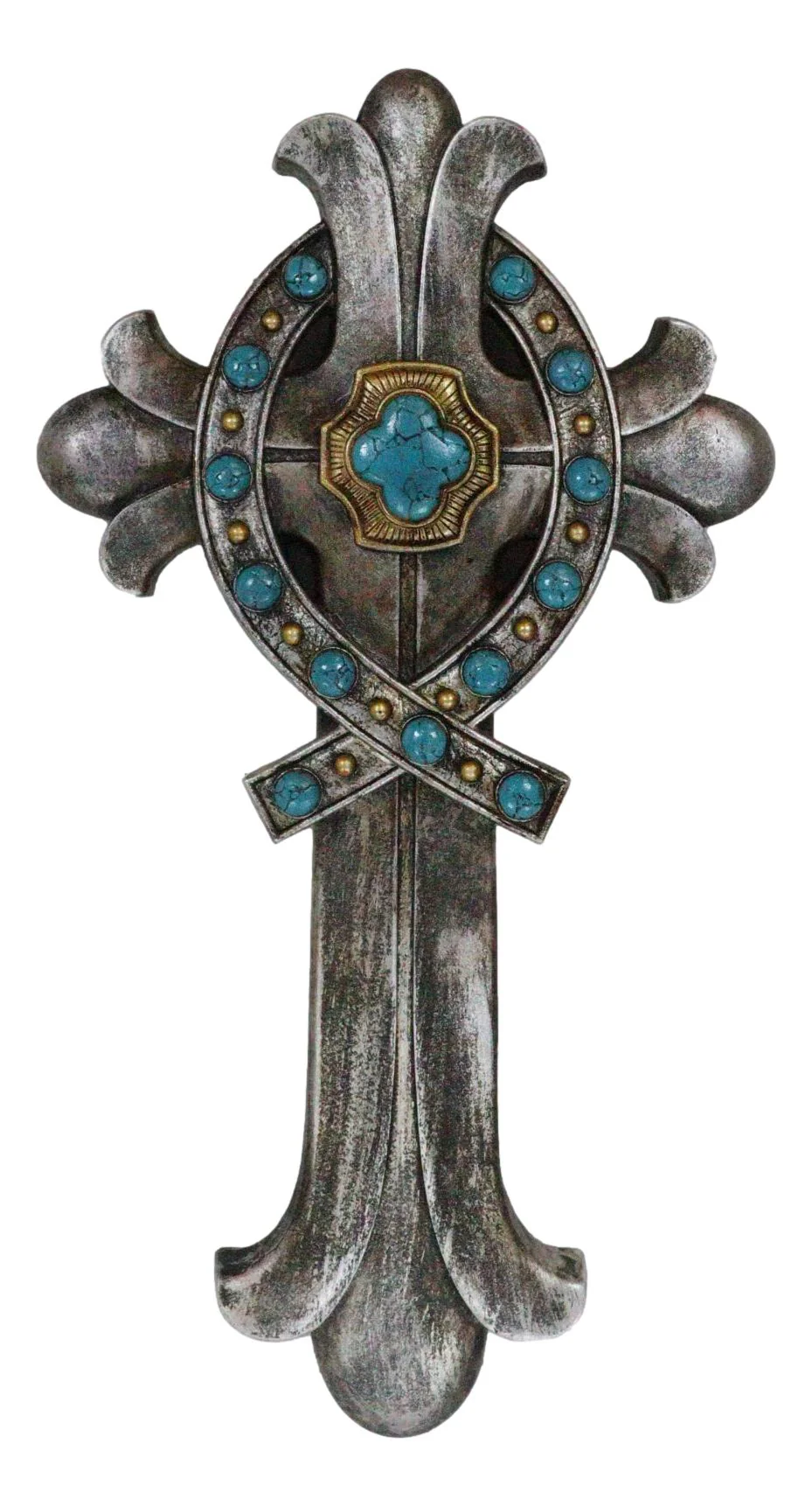 Rustic Silver Finish Fleur De Lis Greek Ichthys Christ Fish Turquoise Wall Cross - Image 2