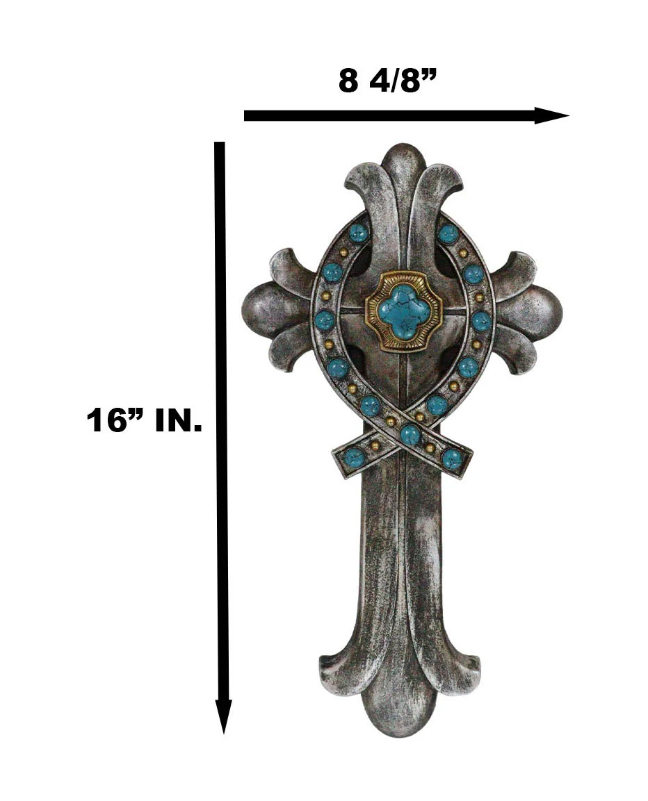 Rustic Silver Finish Fleur De Lis Greek Ichthys Christ Fish Turquoise Wall Cross - Image 3
