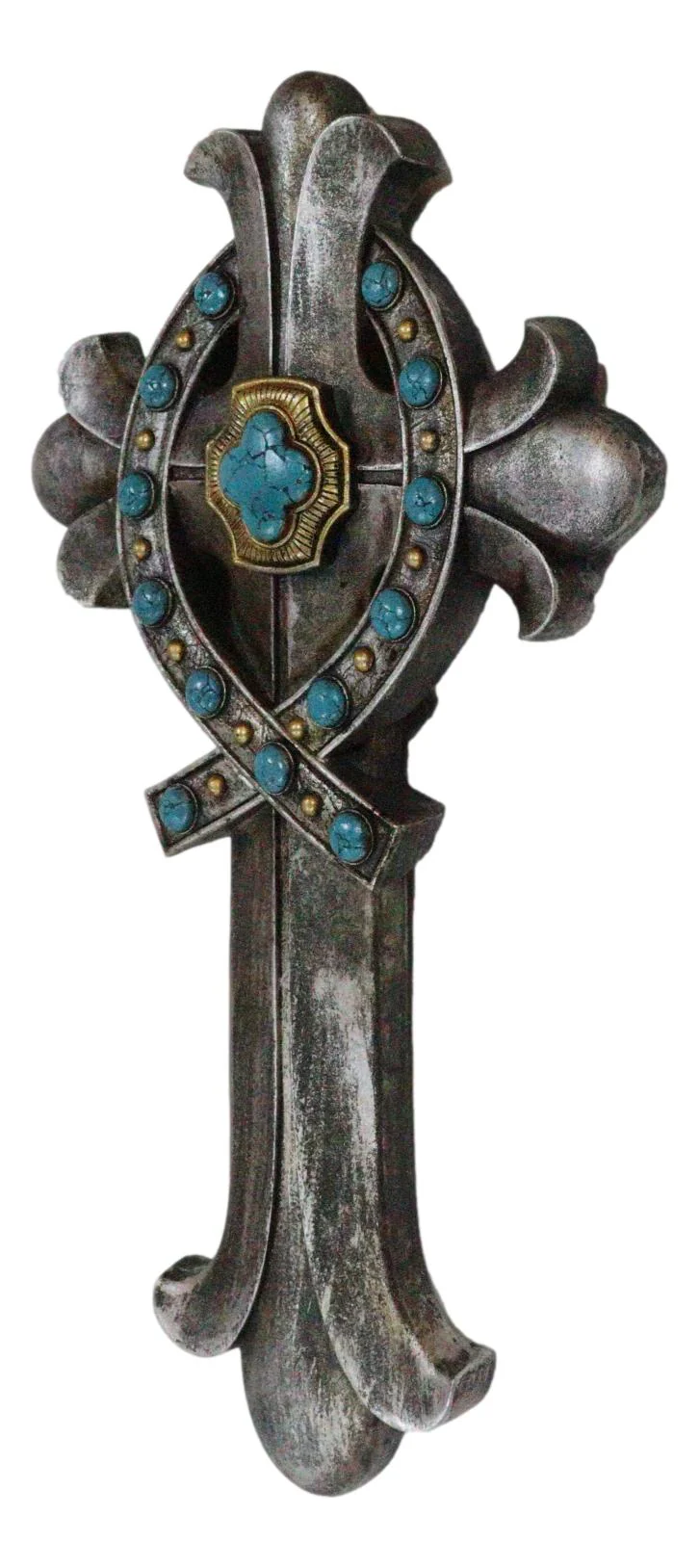 Rustic Silver Finish Fleur De Lis Greek Ichthys Christ Fish Turquoise Wall Cross - Image 5